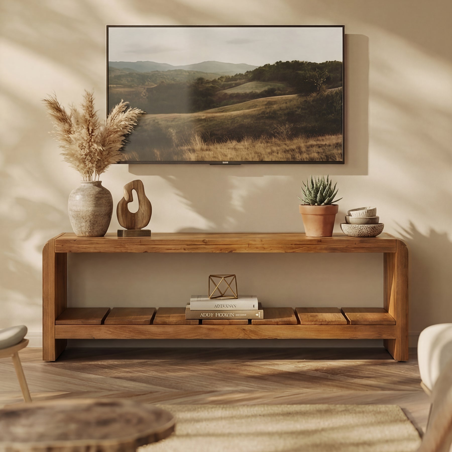 Tribesigns 150 cm TV-Meubel van Massief Hout voor TV's van 55–65 Inch, Landelijke TV-Kast met Open Opbergvak