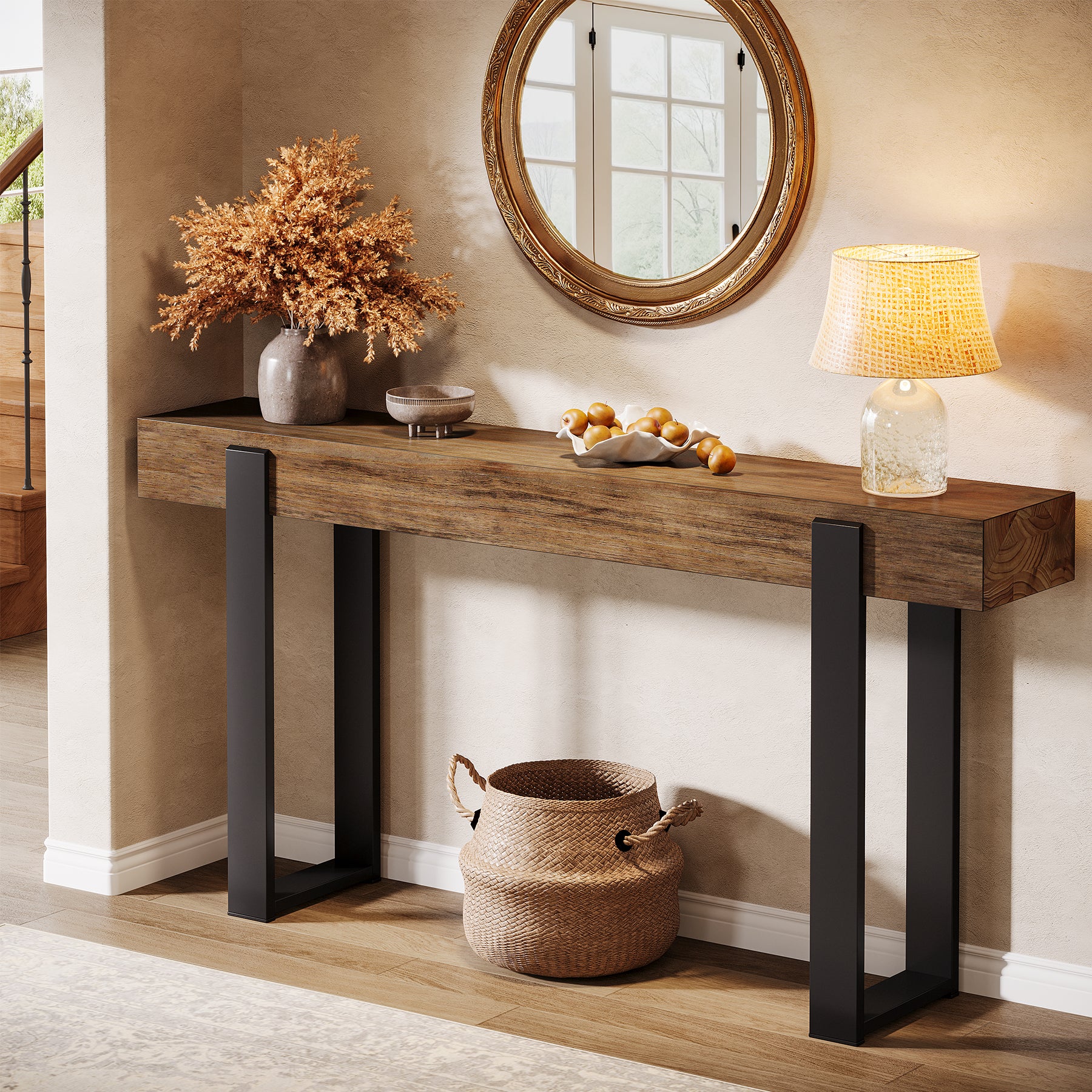 160 x 30 cm Tribesigns massief houten consoletafel met metalen steunpoten, smalle sidetable voor hal entree woonkamer en achter de bank
