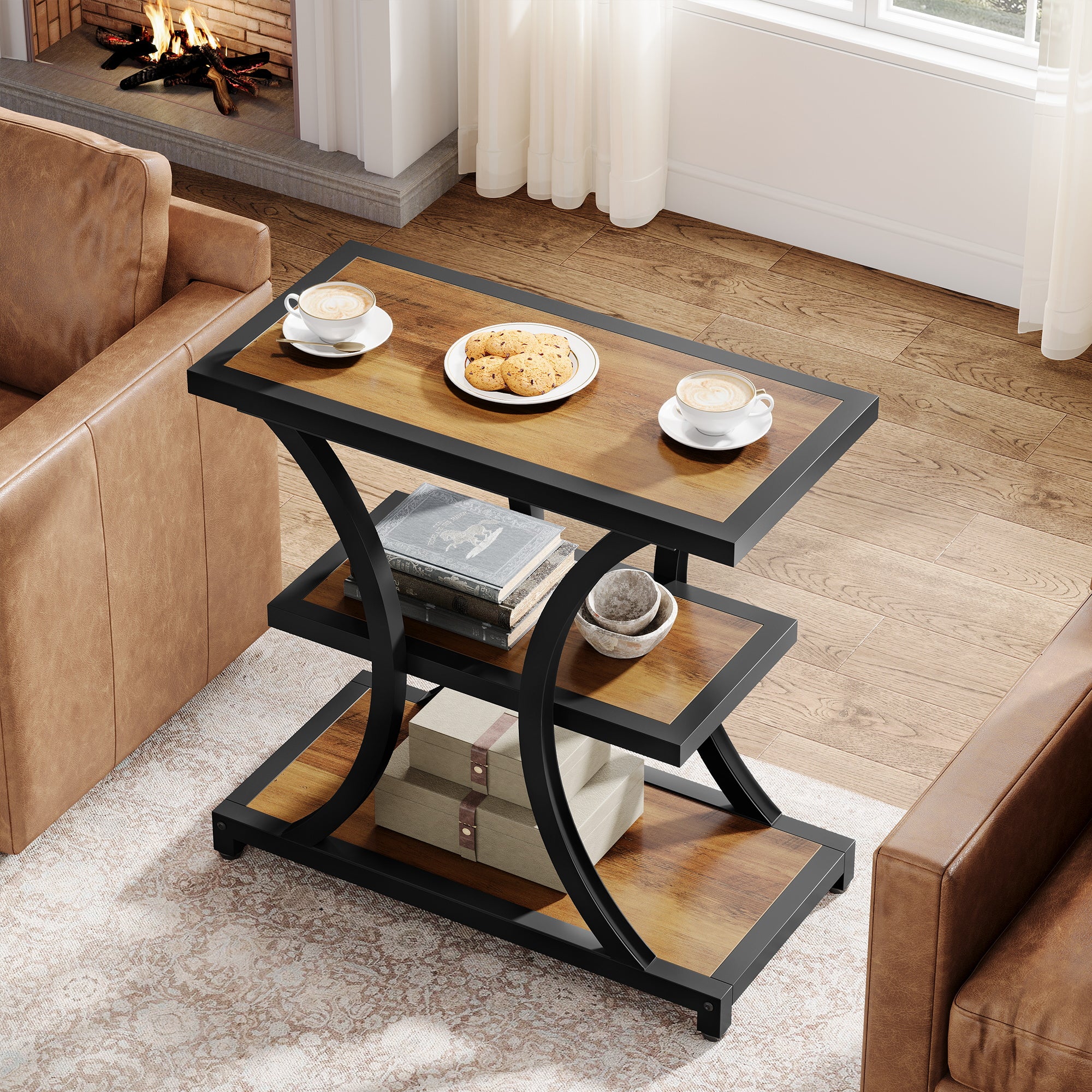 40x40x50 cm Industriële Opbergtafel, 3-laags met Geometrisch Metaal