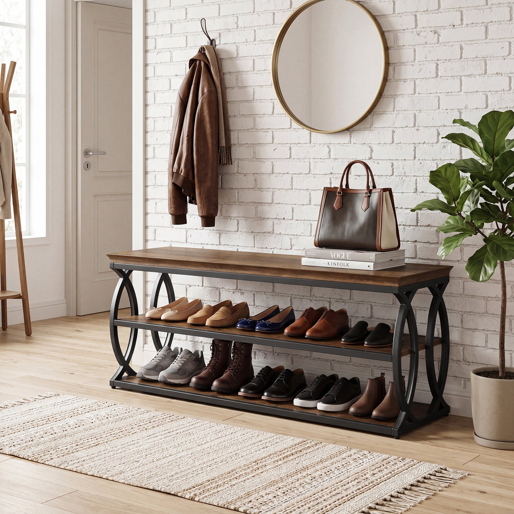 120 cm Schoenenbank, 3-Laags Schoenenrek met Metalen Frame