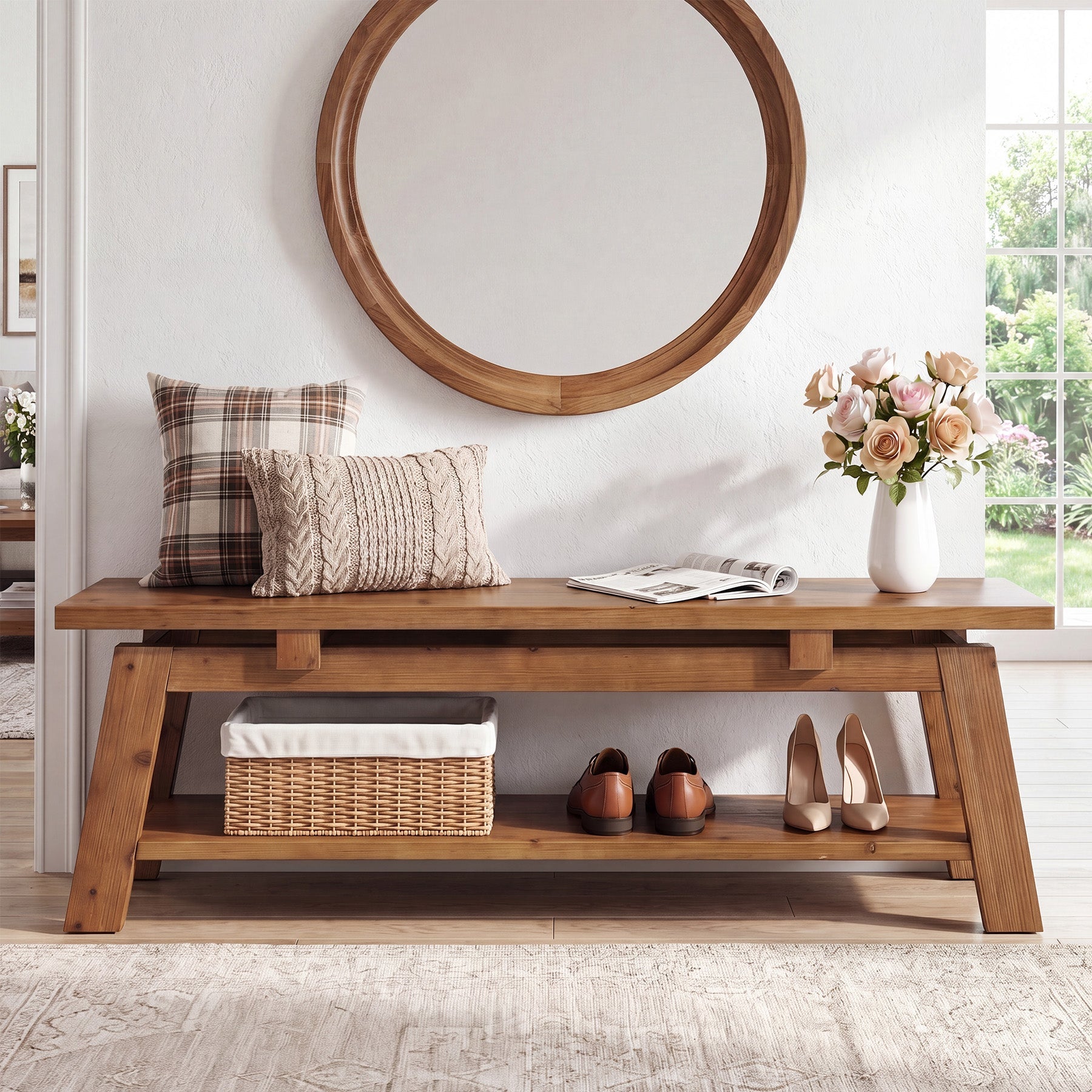 Tribesigns massief houten zitbank 140 cm met schoenenplank, houten bank voor entree en slaapkamer