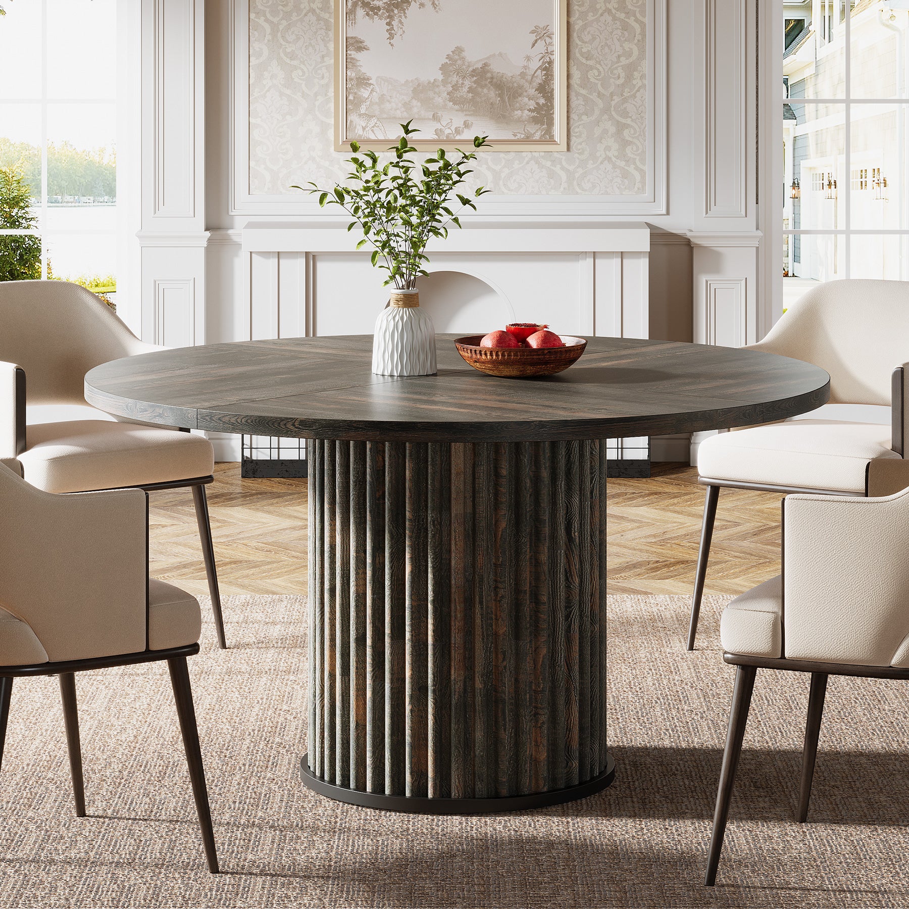 120 cm Zwarte Ronde Eettafel voor 4-6 Personen, Moderne Keukentafel met Metalen Basis