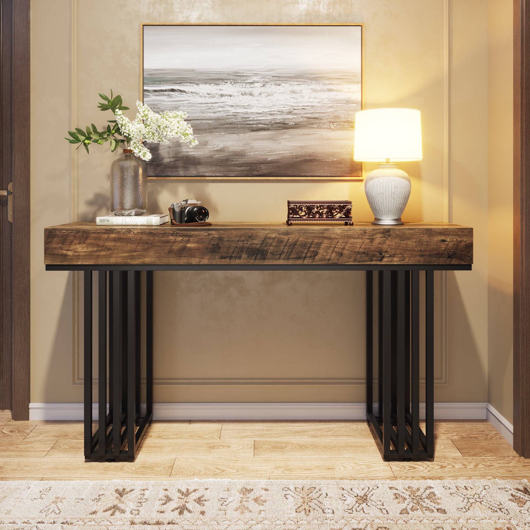 140 cm Industriële Consoletafel voor Entree, Stijlvolle Gangtafel met Metalen Frame