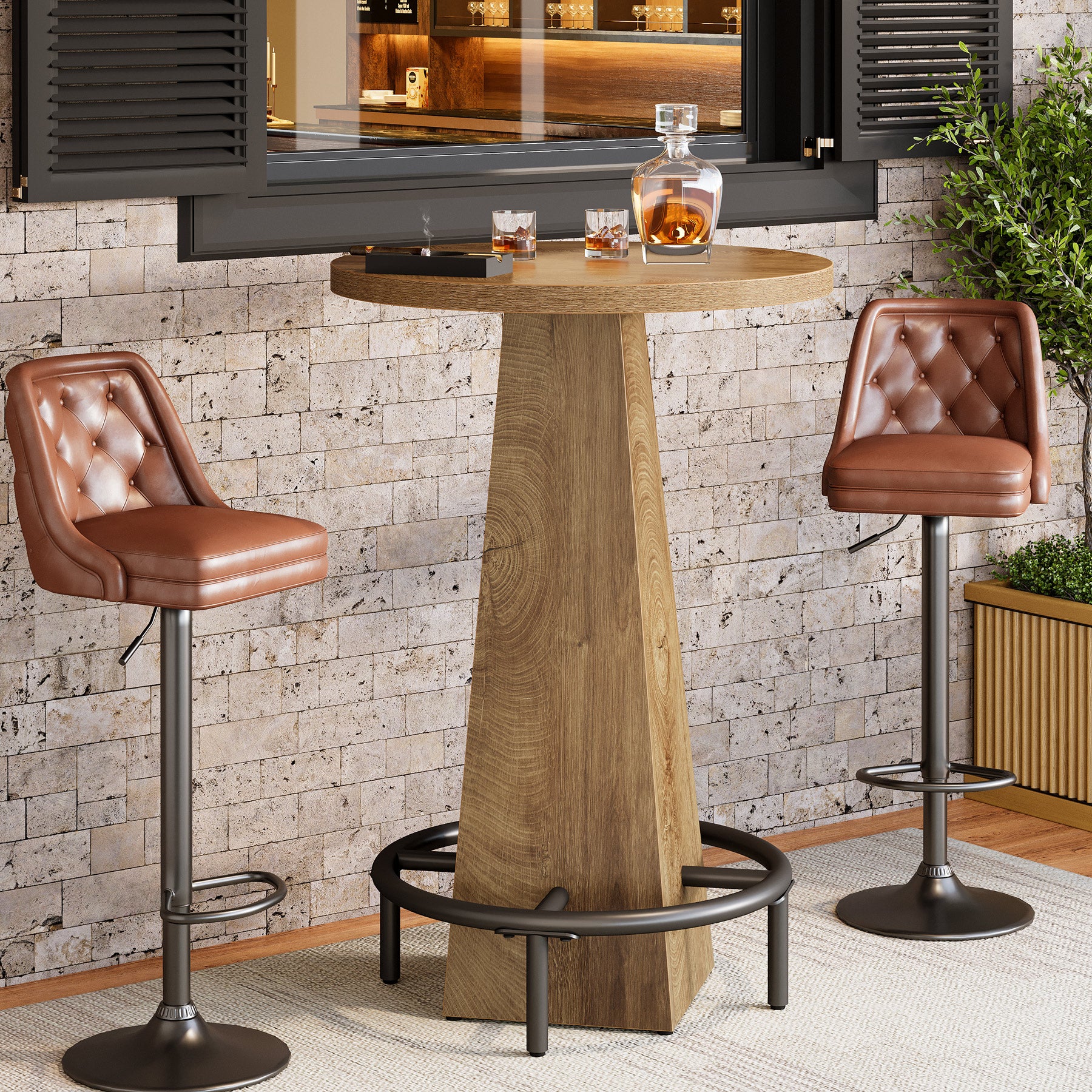 95 cm Ronde Bartafel met Metalen Voetring, Houten Bistro Statafel