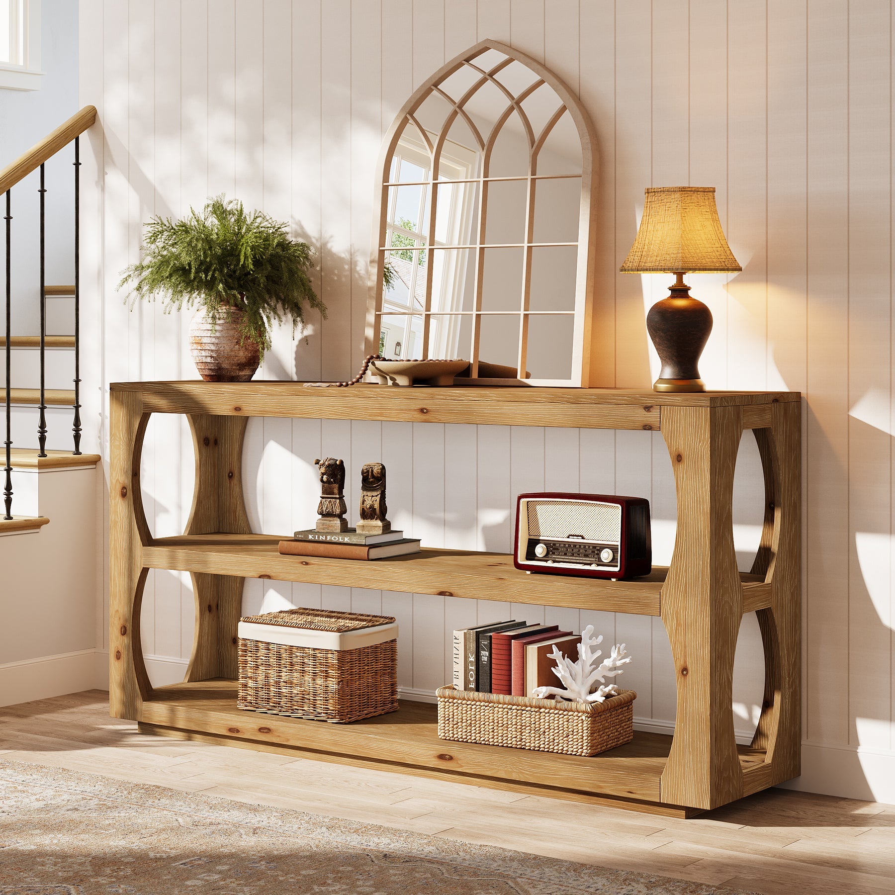 160 cm Houten Consoletafel met 3-Laags Opbergruimte, Lange Smalle Landelijke Tafel