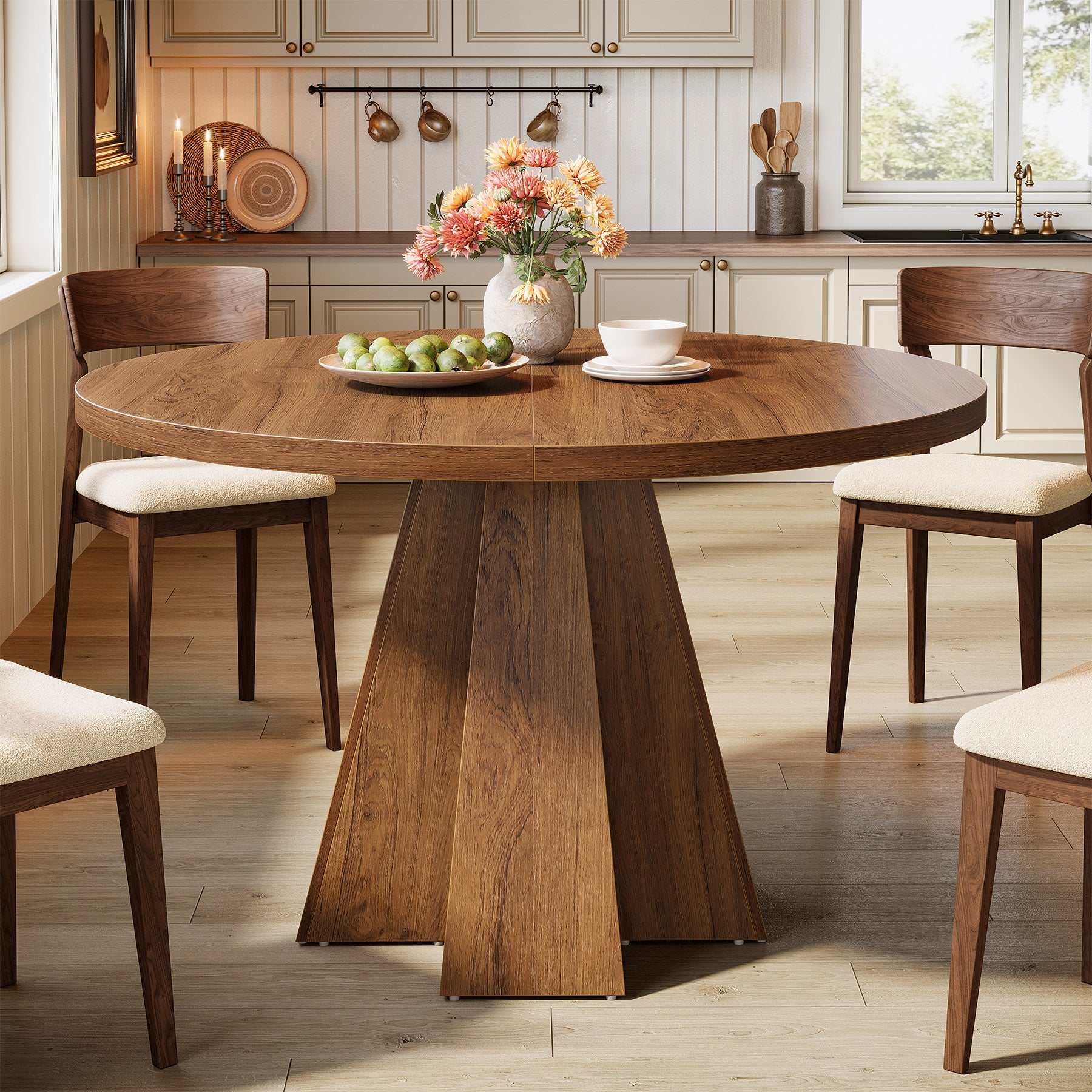Tribesigns Ronde Eettafel 118 cm met Centrale Voet in Walnootbruin