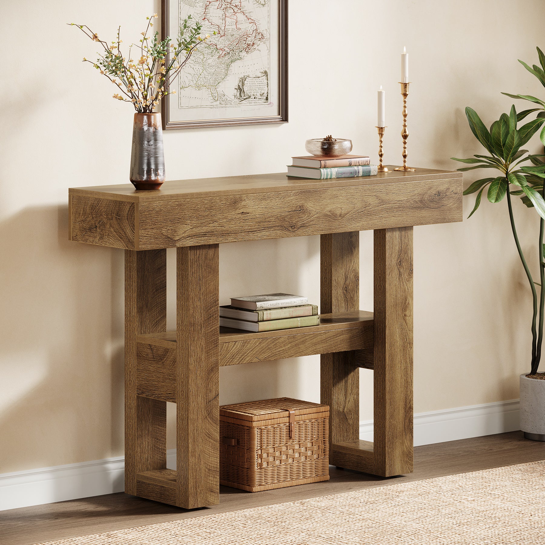 105 cm Smalle Consoletafel met 2 Niveaus, Rustieke Entreetafel voor Hal en Woonkamer