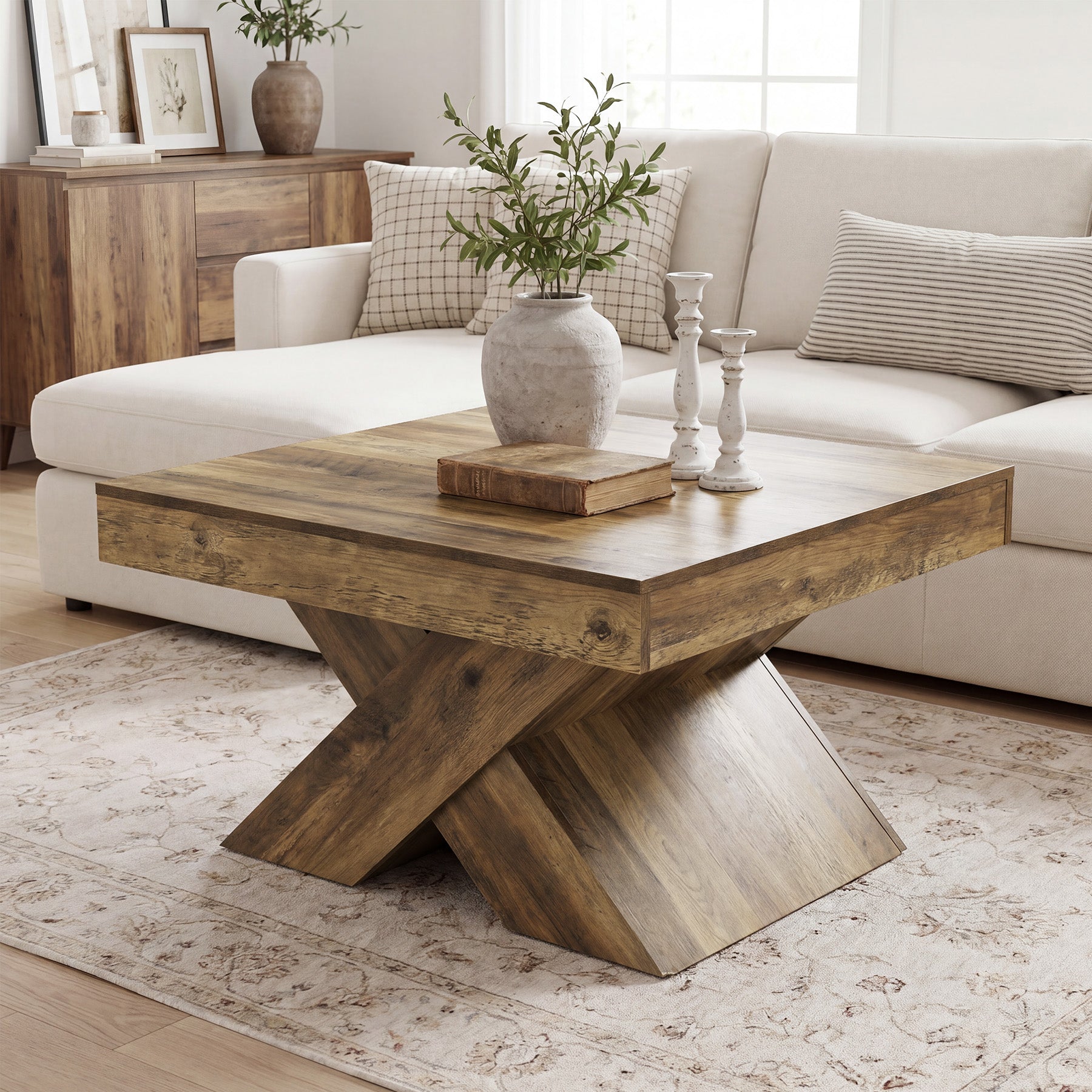 80 x 80 cm Tribesigns Vierkante Salontafel, Houten Farmhouse Tafel met X-Kruis Onderstel voor Woonkamer en Kleine Ruimtes