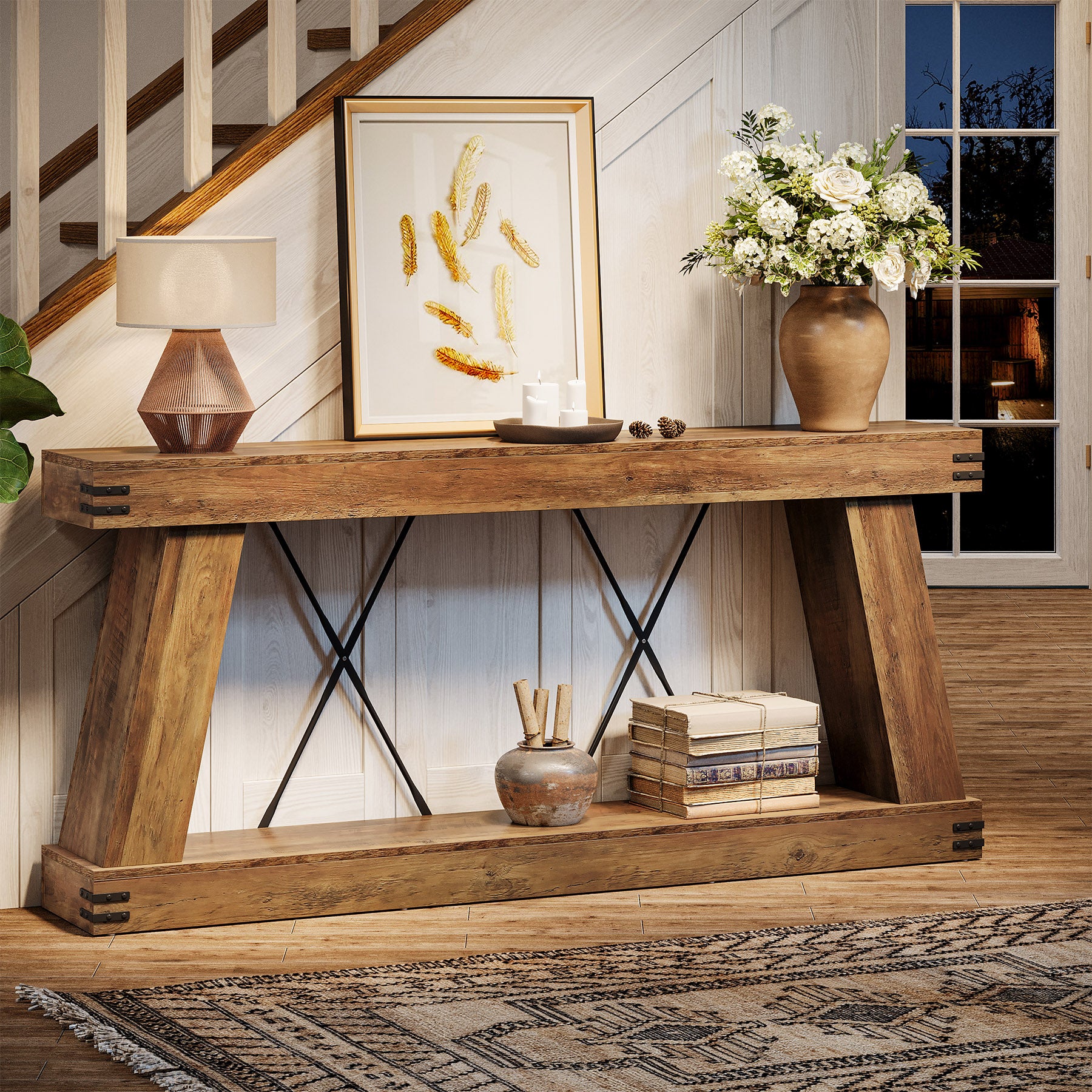 180 cm Lange Consoletafel met Opbergruimte, Smalle Houten Haltafel voor Woonkamer en Entree