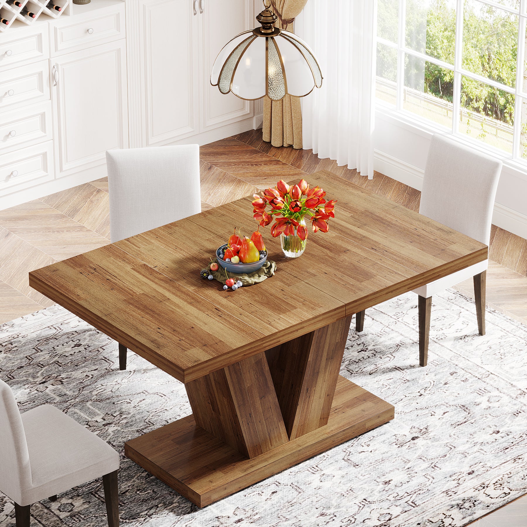 Witte Eettafel voor Vier Personen, 120 cm Landelijke Tafel met Zware Sokkel