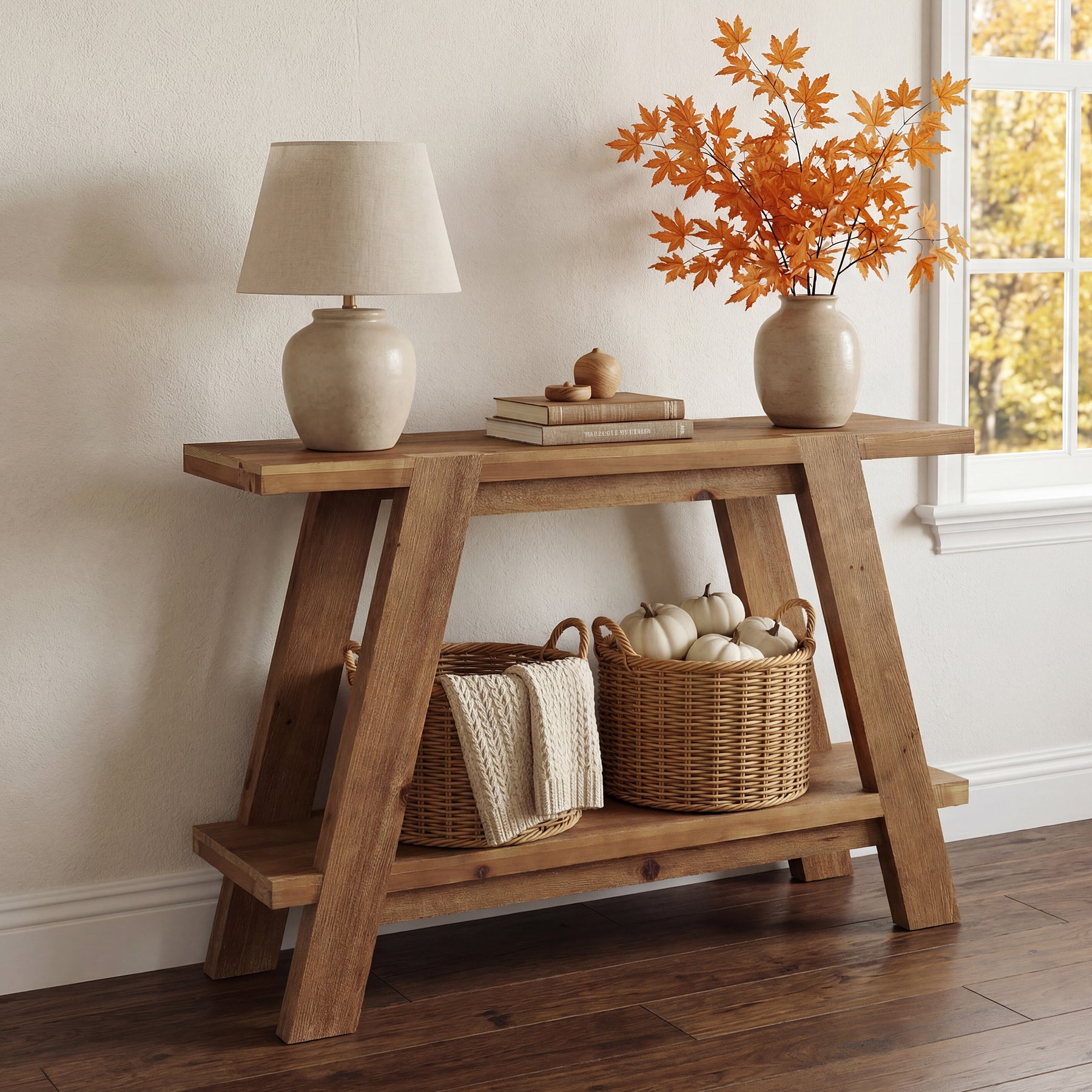 110 cm Massief Houten Consoletafel met 2 Planken, Smalle Haltafel in Landelijke Stijl Bruin