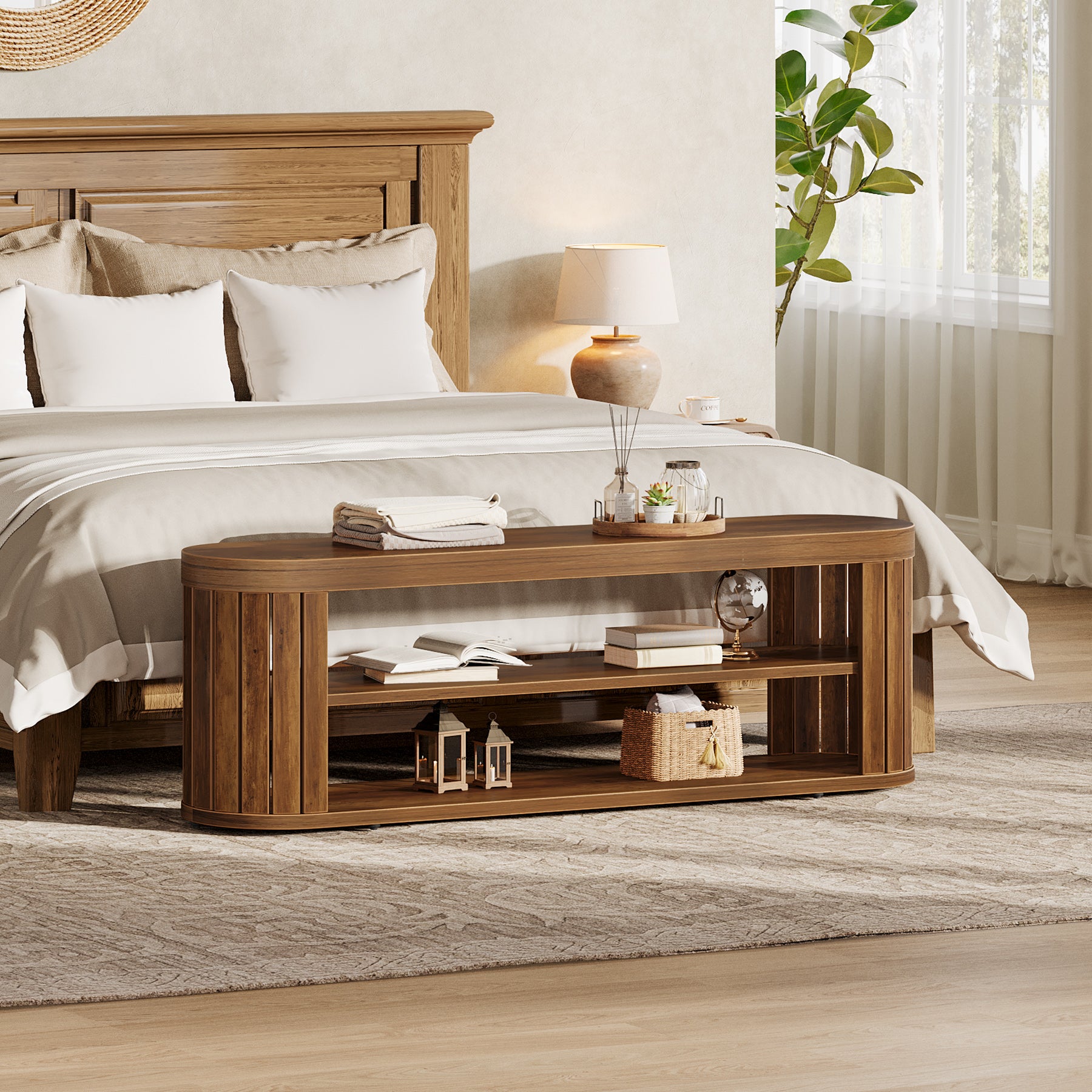 120 cm Houten Schoenenbank met 2 Niveaus Opbergruimte