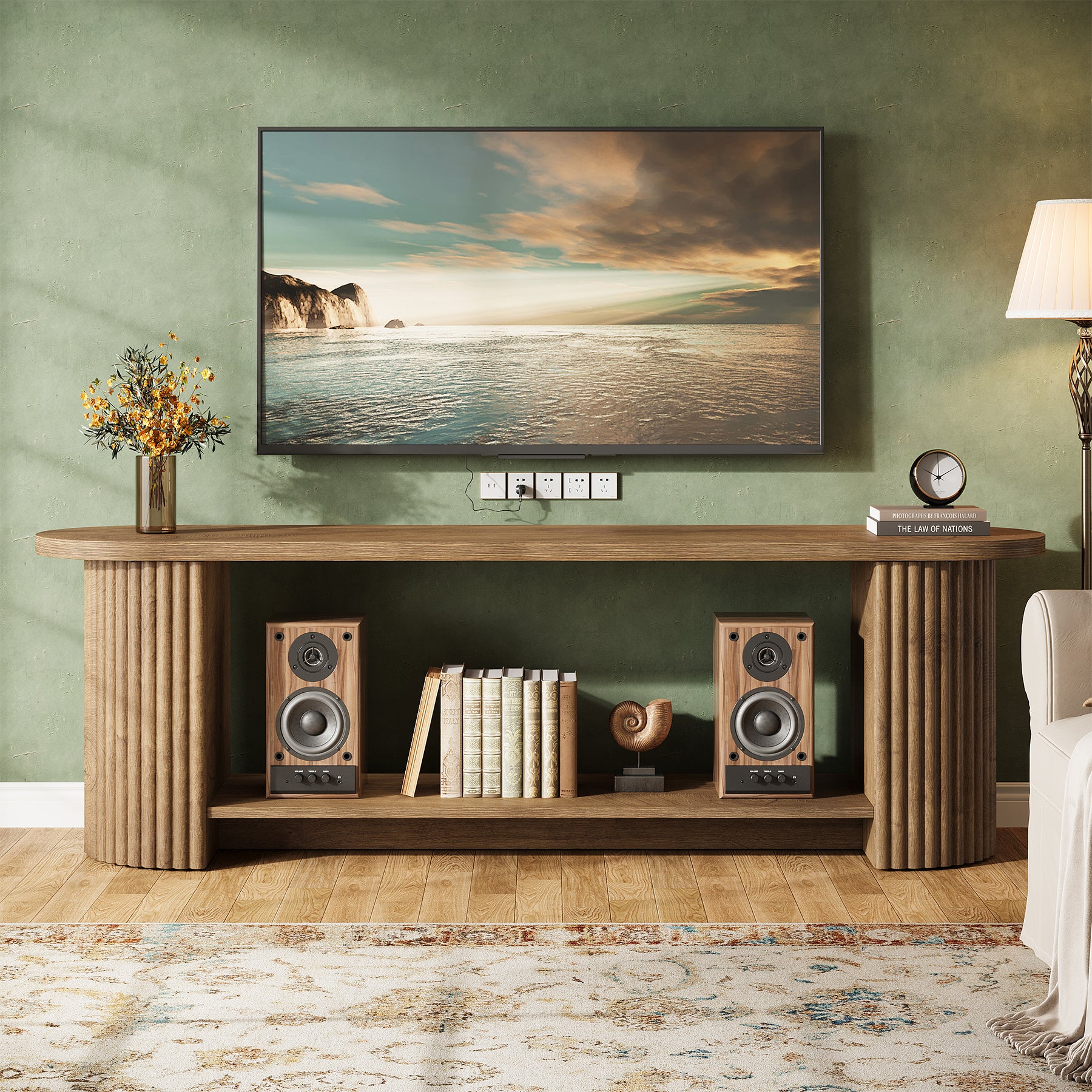 160 cm Tribesigns tv-meubel met geribbeld ontwerp en opbergplank, landelijke mediakast voor woonkamer en slaapkamer