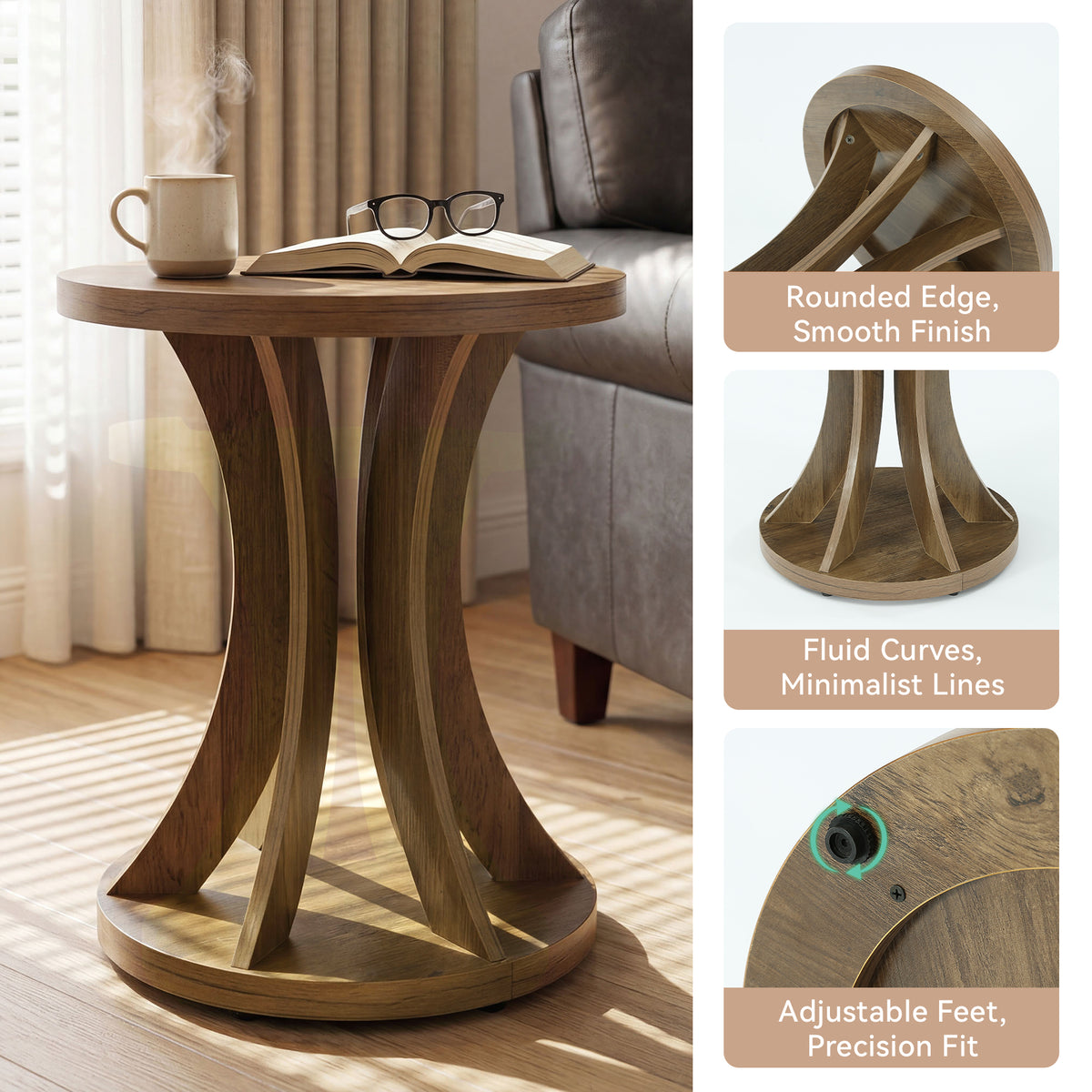 45 x 60 cm ronde bijzettafel met gebogen frame en onderste opbergplank, landelijke sidetable voor woonkamer en slaapkamer