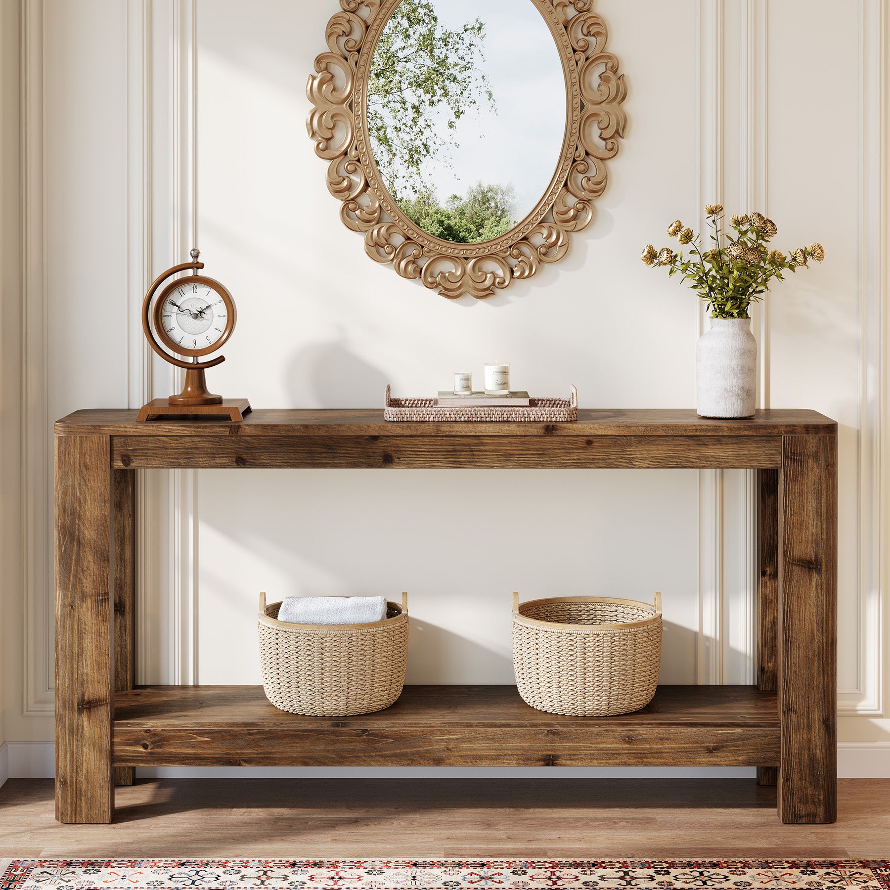 160 cm Massief Houten Consoletafel, Smalle Farmhouse Sidetable met Rek