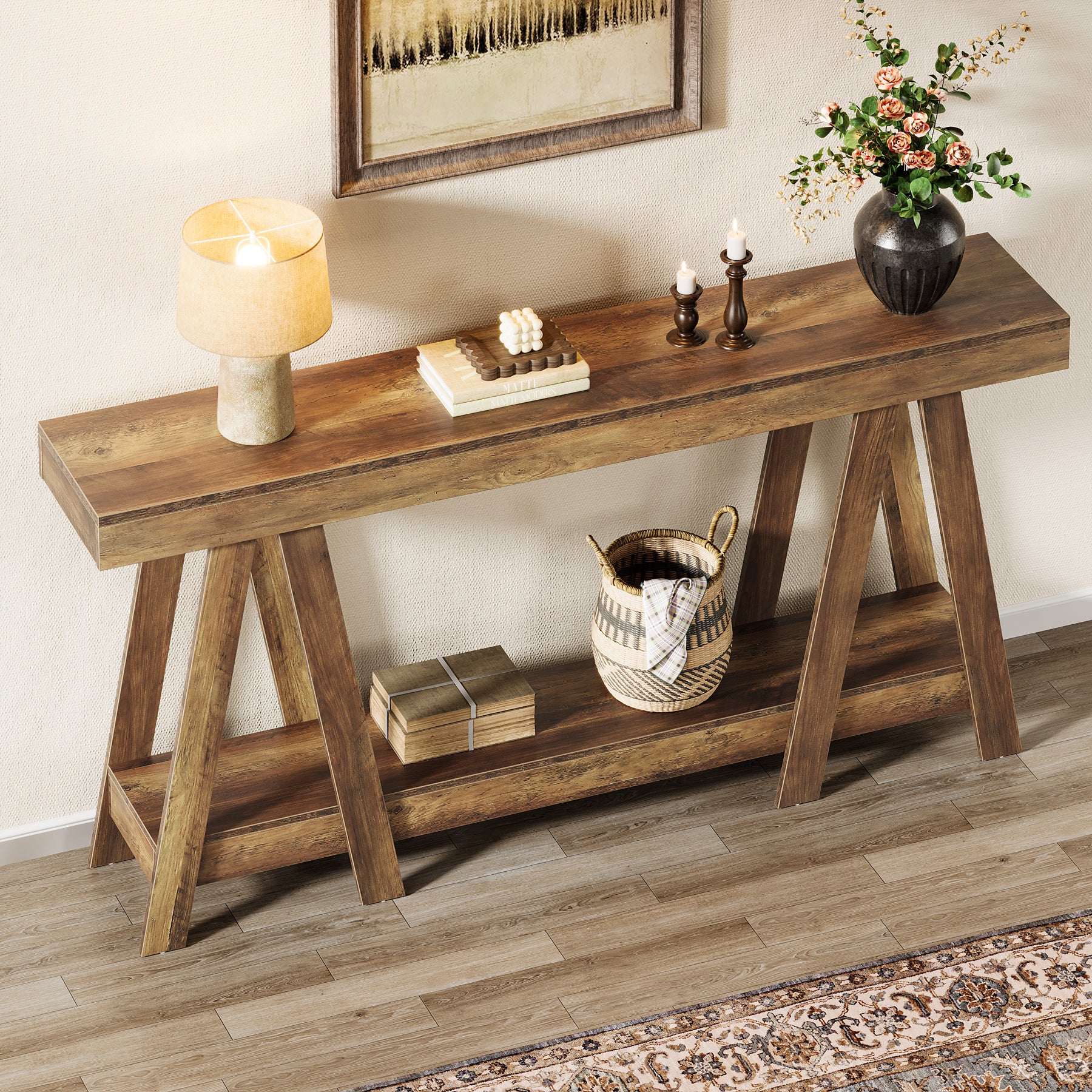 180 cm Landelijke Consoletafel met 2 Lagen, Accenttafel voor Hal en Achter Bank