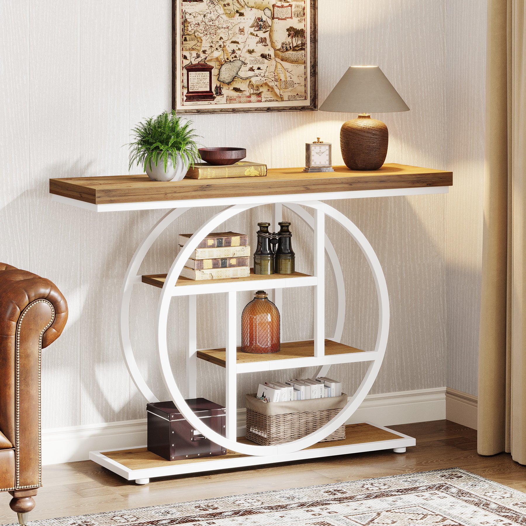 105 cm Industriële Console, 4 Planken met Ronde Basis voor Hal en Woonkamer