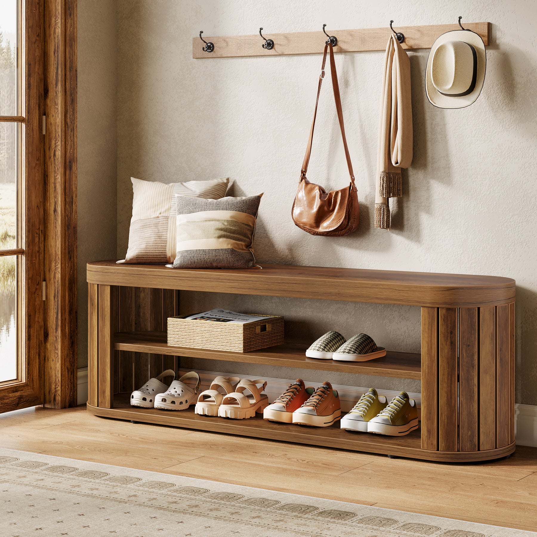 120 cm Houten Schoenenbank met 2 Niveaus Opbergruimte