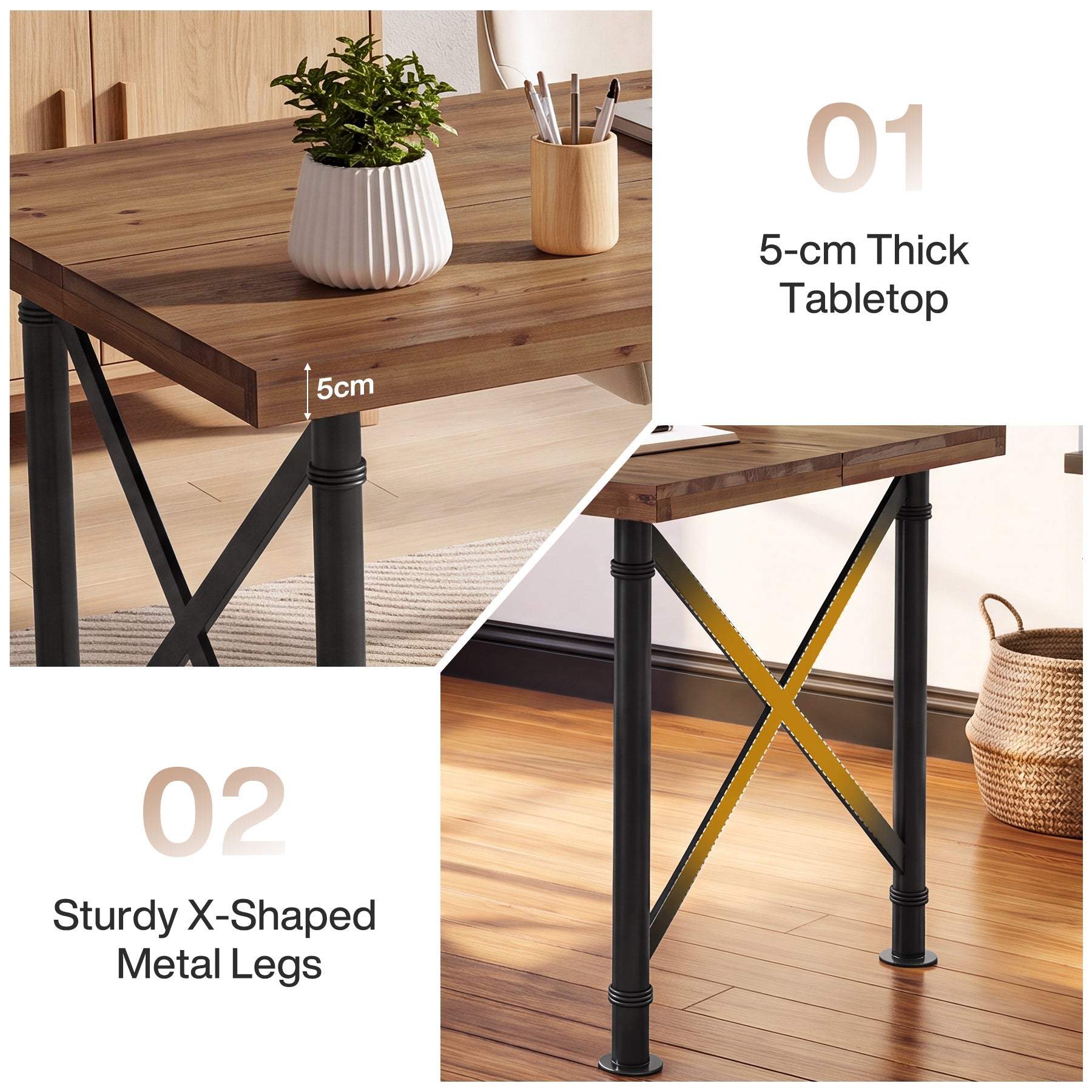 Massief houten eettafel 160 × 80 cm voor 4–6 personen, rechthoekige eettafel met X-vormig metalen frame