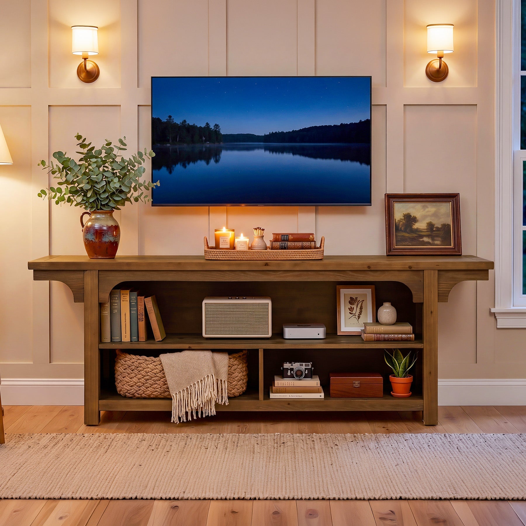 Tribesigns 160 cm TV-Meubel van Massief Hout voor TV's van 55–70 Inch, TV-Kast met 3 Open Vakken