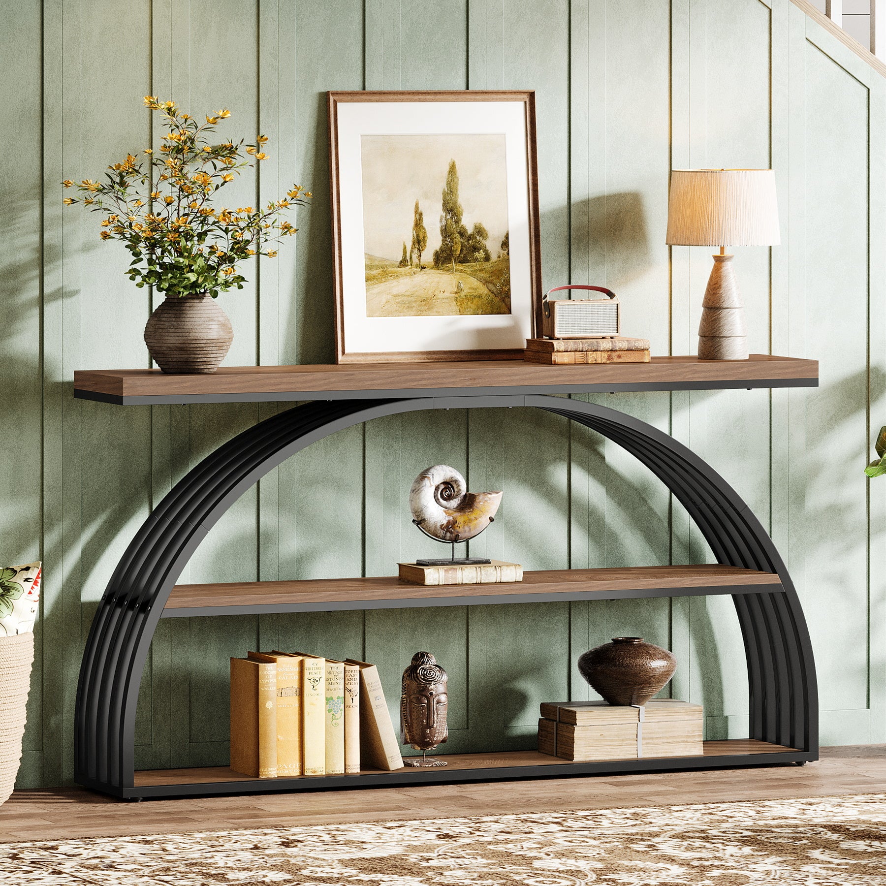 Consoletafel van 160 cm in Rustiek Bruin met Gebogen Frame, Industriële 3-Lagen Hal- en Banktafel voor Woonkamer en Entree