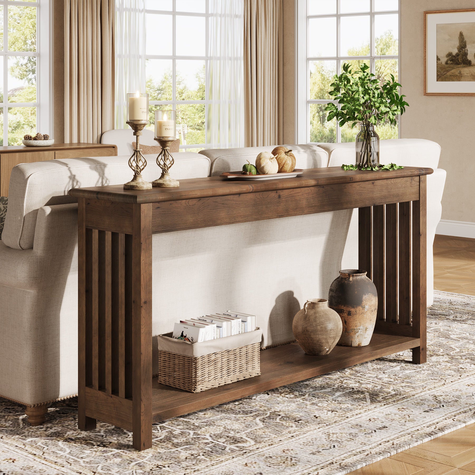 160 cm Houten Consoletafel met 2-Laags Opbergruimte, Lange Sofa Tafel voor Entree