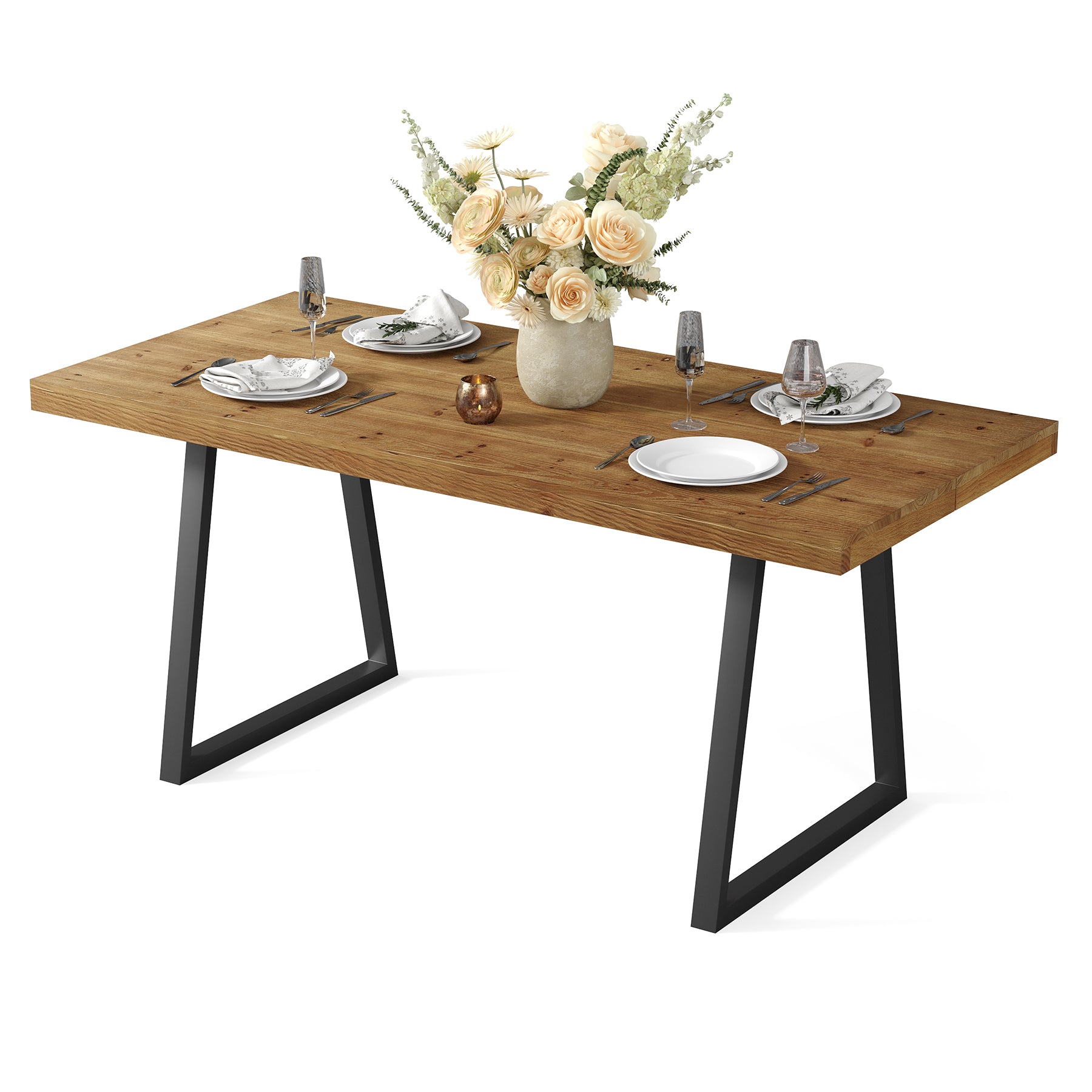 160 cm Industriele Eettafel, Massief Houten Rechthoek met Robuust Metaal Onderstel
