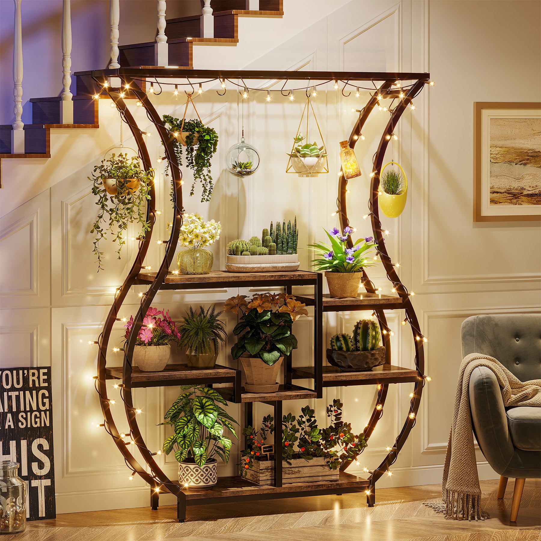 180 cm Tribesigns Plantenrek, 6-Tier Metaal Rek met 10 Haken voor Binnen
