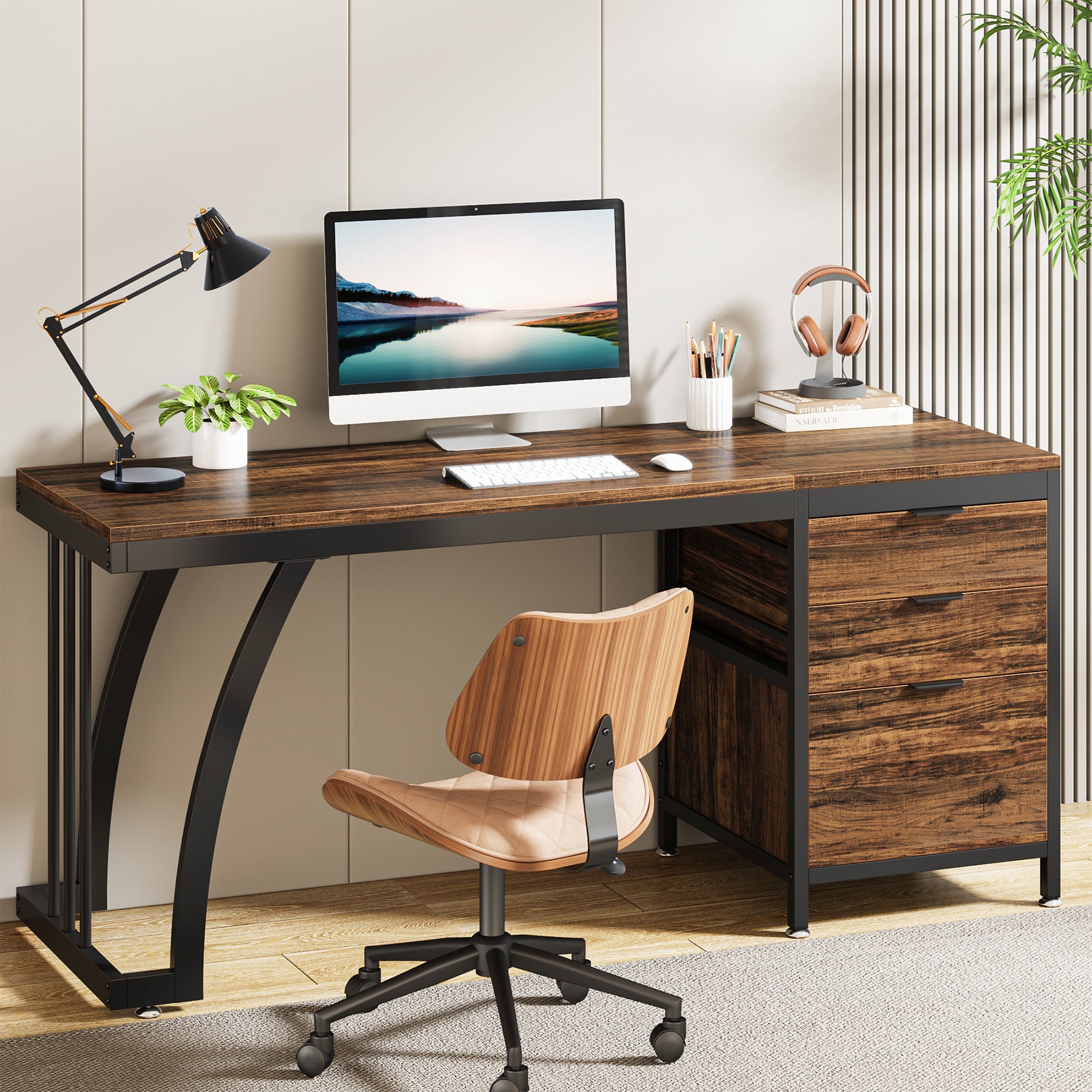 150 cm Computertafel, Industrieel Bureau Met 3 Ombouwbare Laden in Rustiek Bruin