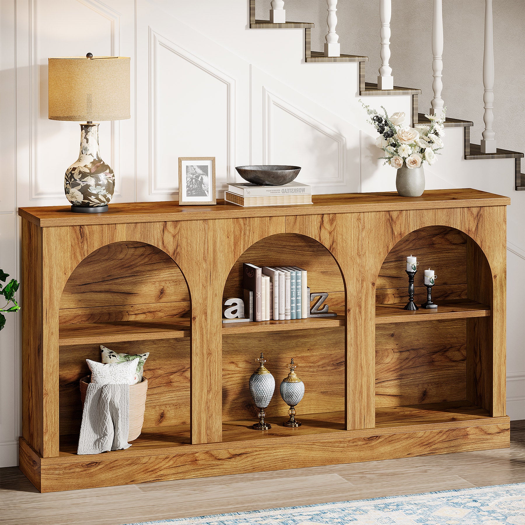 160 cm Boerderij Console, Lange Houten Tafel met Drie Planken voor Hal en Woonkamer