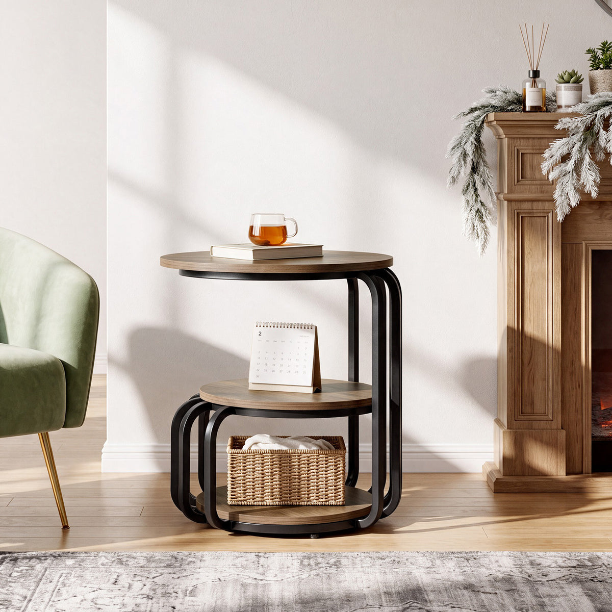 50 x 50 x 60 cm ronde bijzettafel met 3-laags opbergrek, industriële sidetable met metalen frame