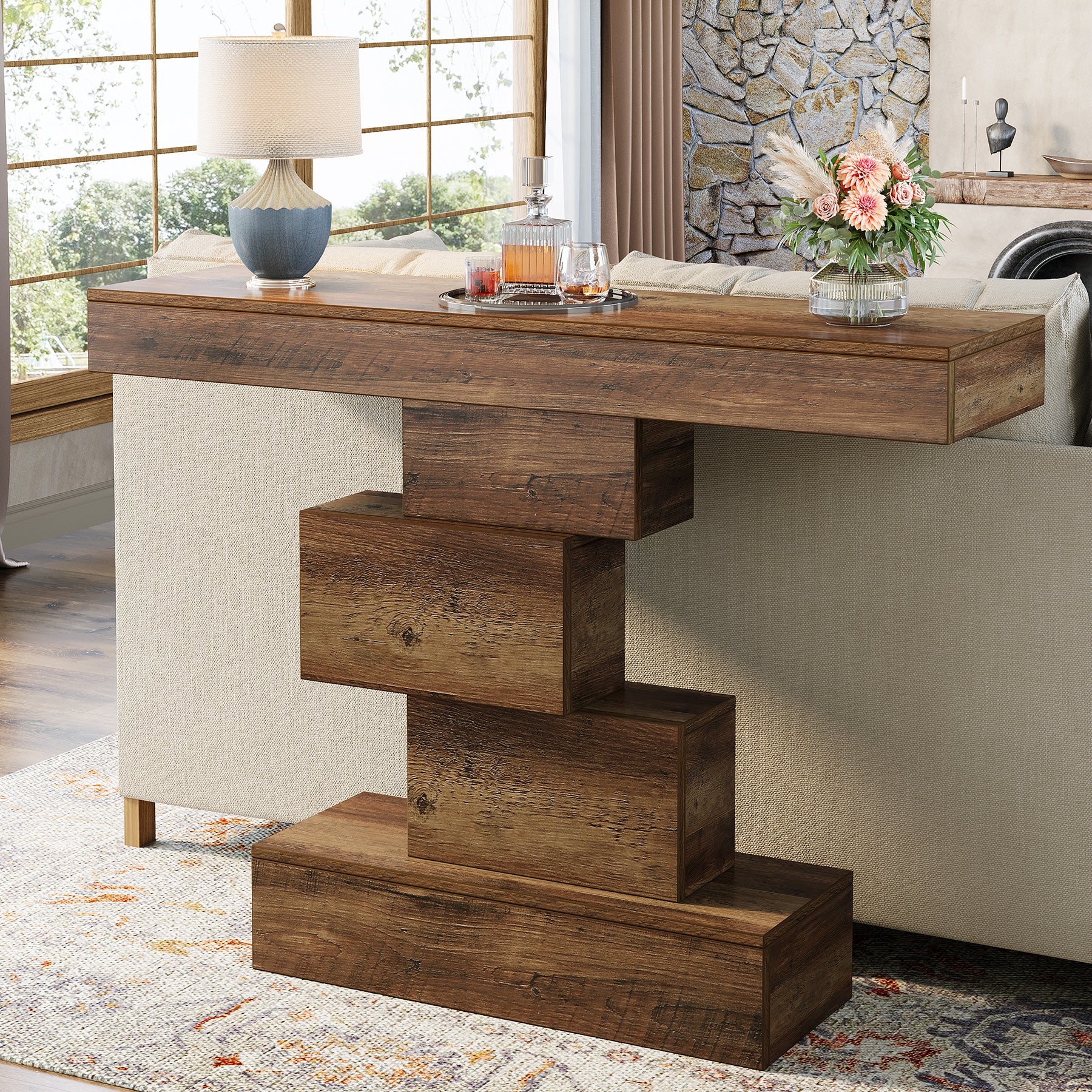 108 cm Landelijke Console, Industriële Bijzettafel met Geometrische Basis voor Hal en Woonkamer