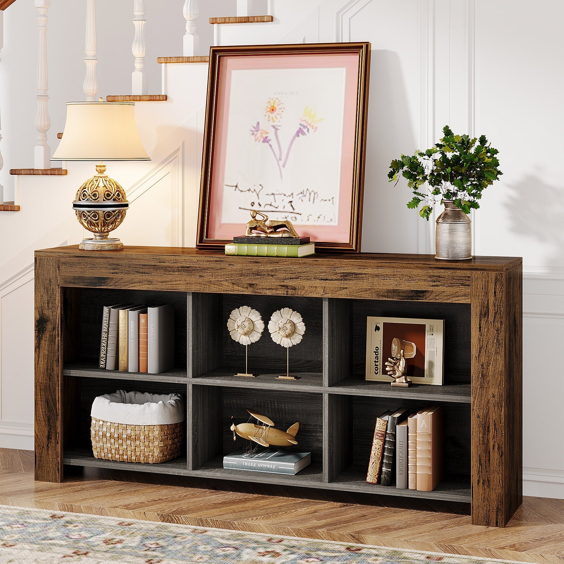 160 cm Consoletafel, Houten Tafel met 6 Opbergvakken voor Entree en Hal
