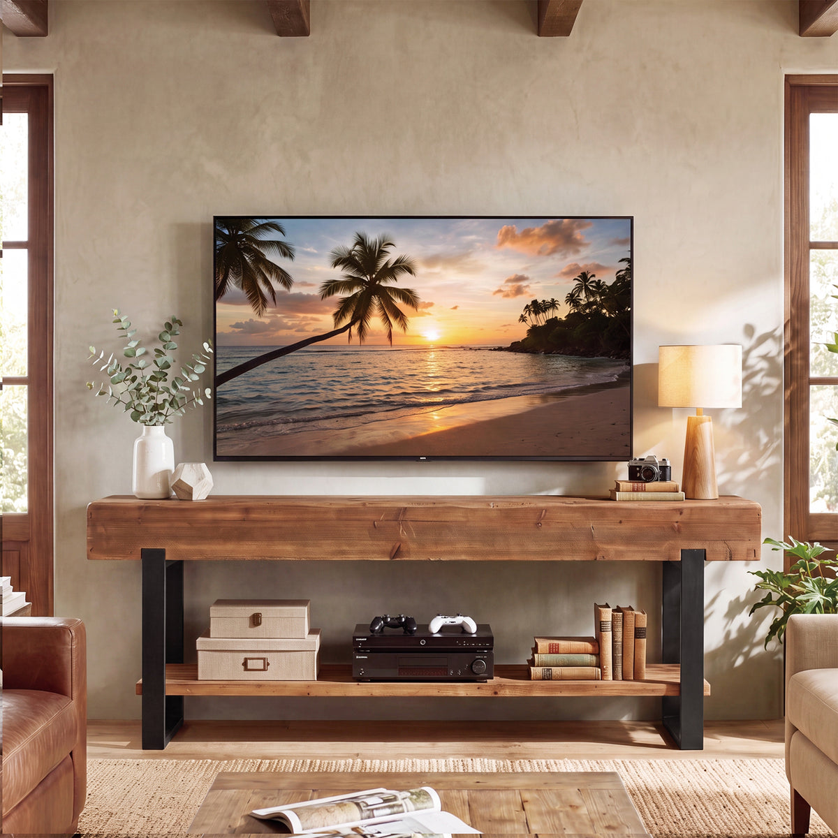 Tribesigns 160 cm tv-meubel van massief hout met 2-laags opbergrek en metalen frame, landelijke tv-kast voor woonkamer