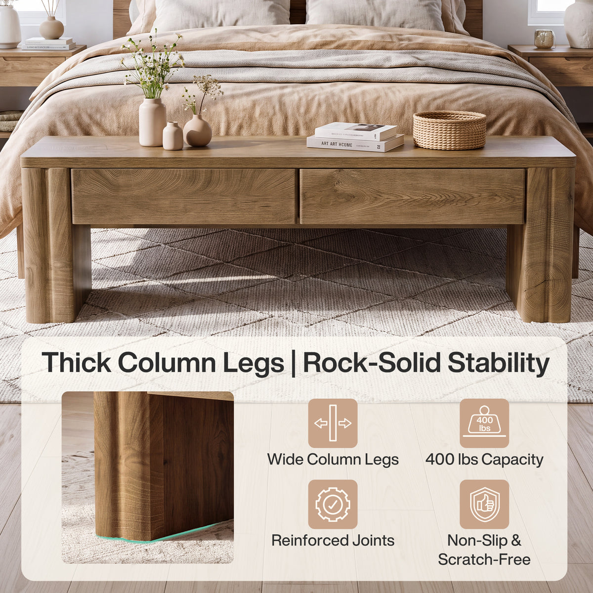 140 cm Tribesigns bedbank met 2 verborgen opberglades, moderne landelijke zitbank in warme eikenlook voor slaapkamer