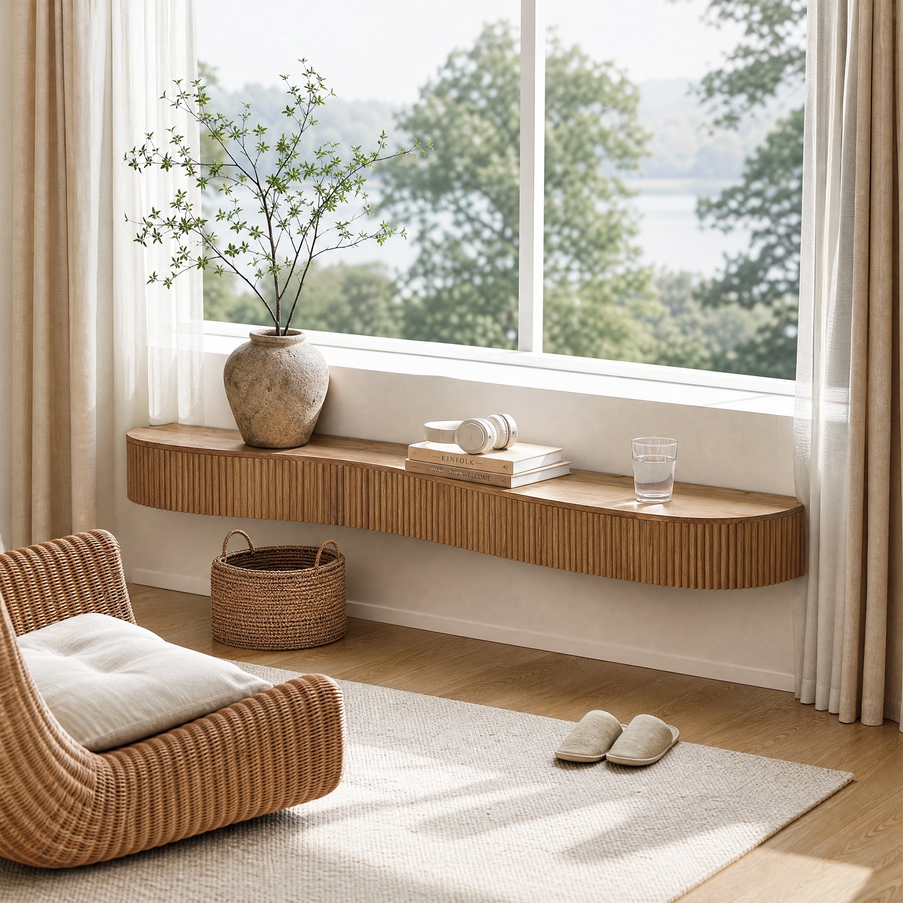 Tribesigns 180 cm Zwevende Wandplank van Massief Hout met Geribbeld Design, Schouwplank voor Woonkamer