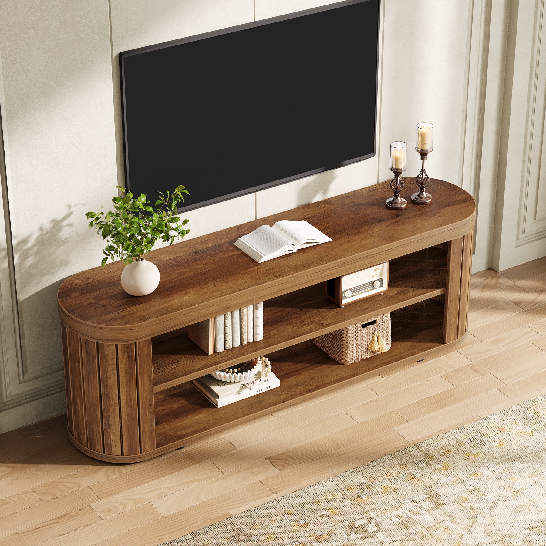 120 cm TV Meubel voor TV tot 55 Inch, Ovale Media Tafel met 2 Niveaus Opbergruimte voor Woonkamer Slaapkamer