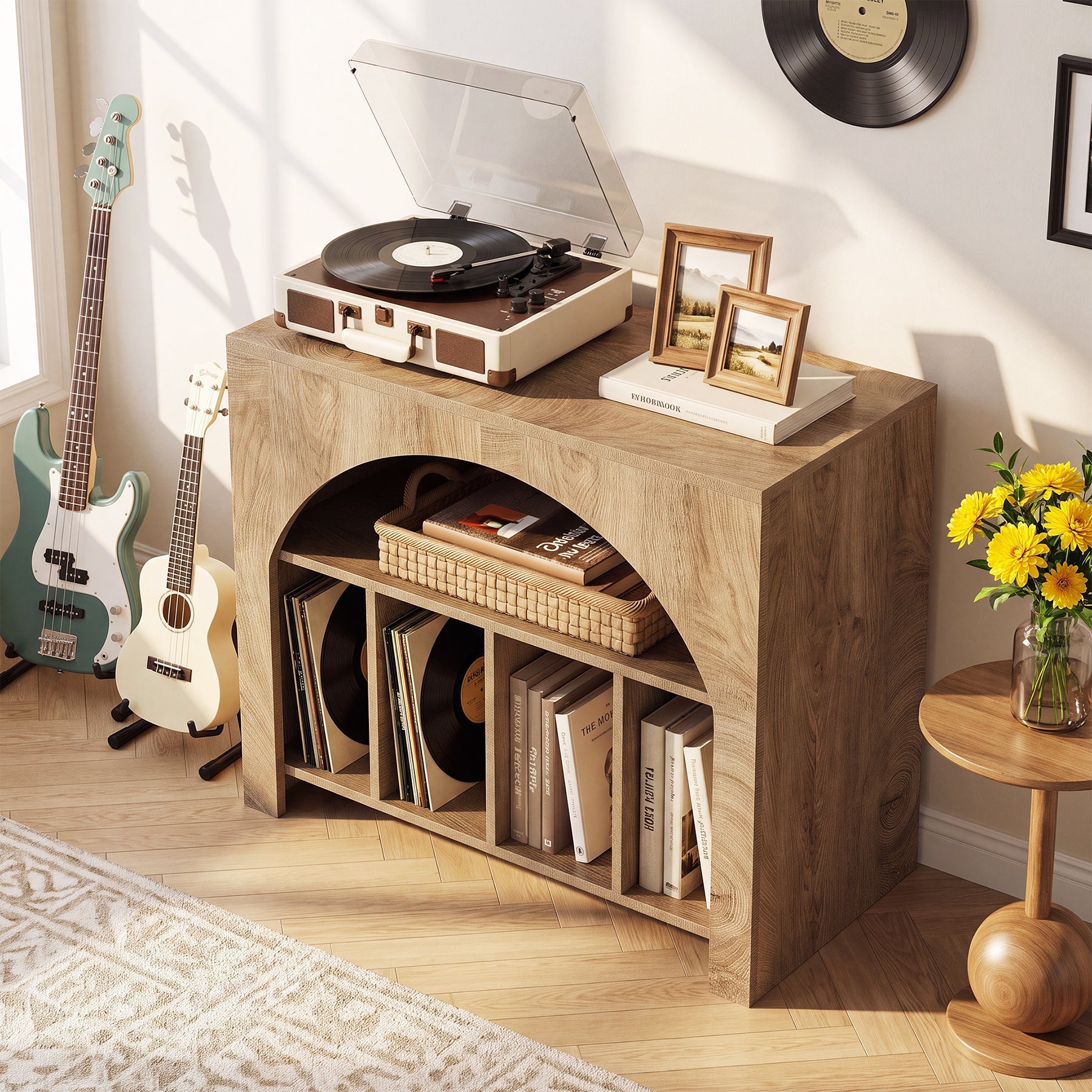 Tribesigns platenspelermeubel met opbergruimte, vinylkast met 2 niveaus in retrostijl