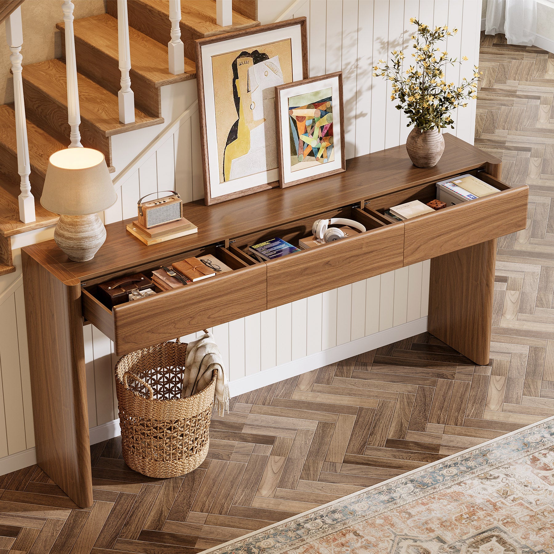 180 cm Landelijke Consoletafel met 3 Laden, Houten Haltafel met Opbergruimte