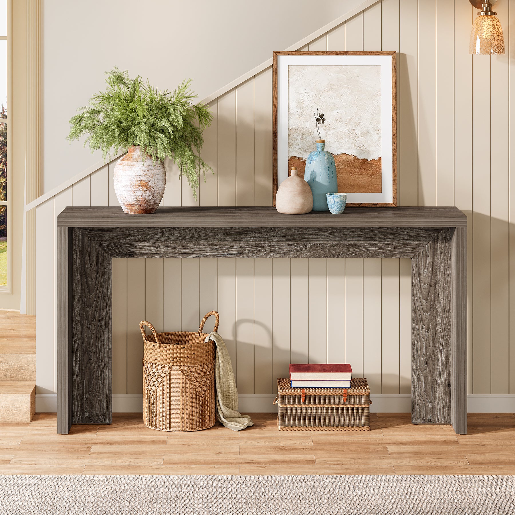 140 cm Houten Consoletafel met Opbergruimte, Landelijke Haltafel voor Entree