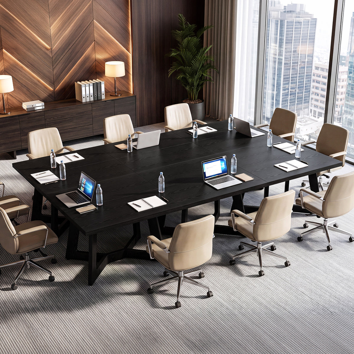 100 cm vierkante vergadertafel voor 2-4 personen met zwart design en stevige trapeziumpoten, kantoortafel voor kantoor