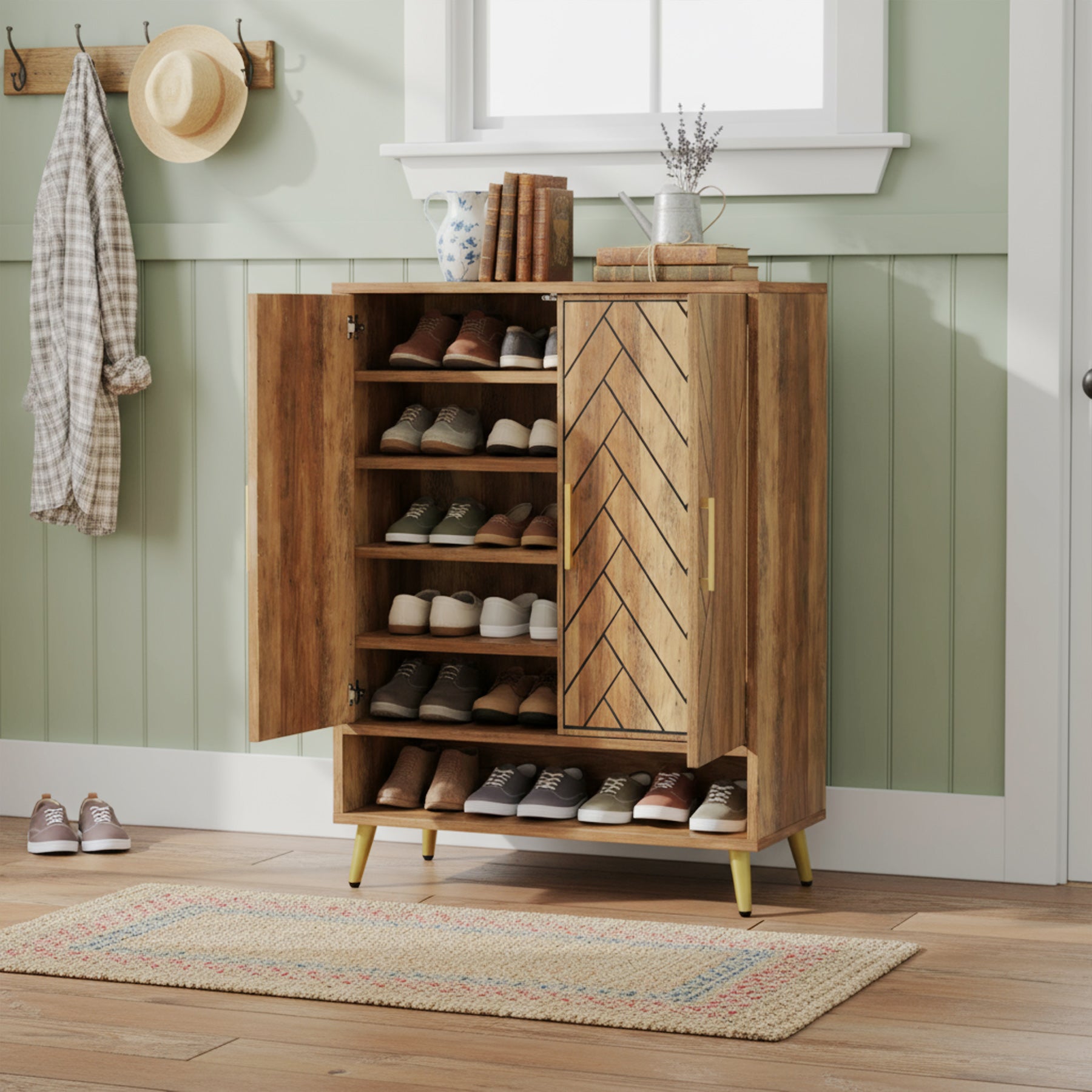 110 cm Schoenenkast met Deuren, Notenhouten Opbergmeubel met Zes Planken voor Hal en Slaapkamer