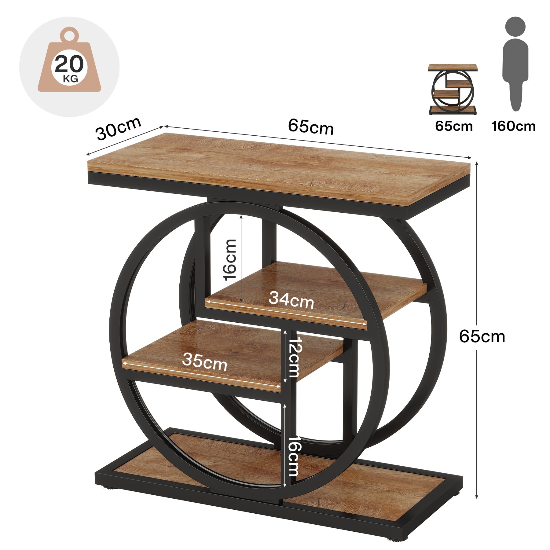 60 cm Industriële Bijzettafel, Vierplanken Opbergmeubel in Rustiek Bruin