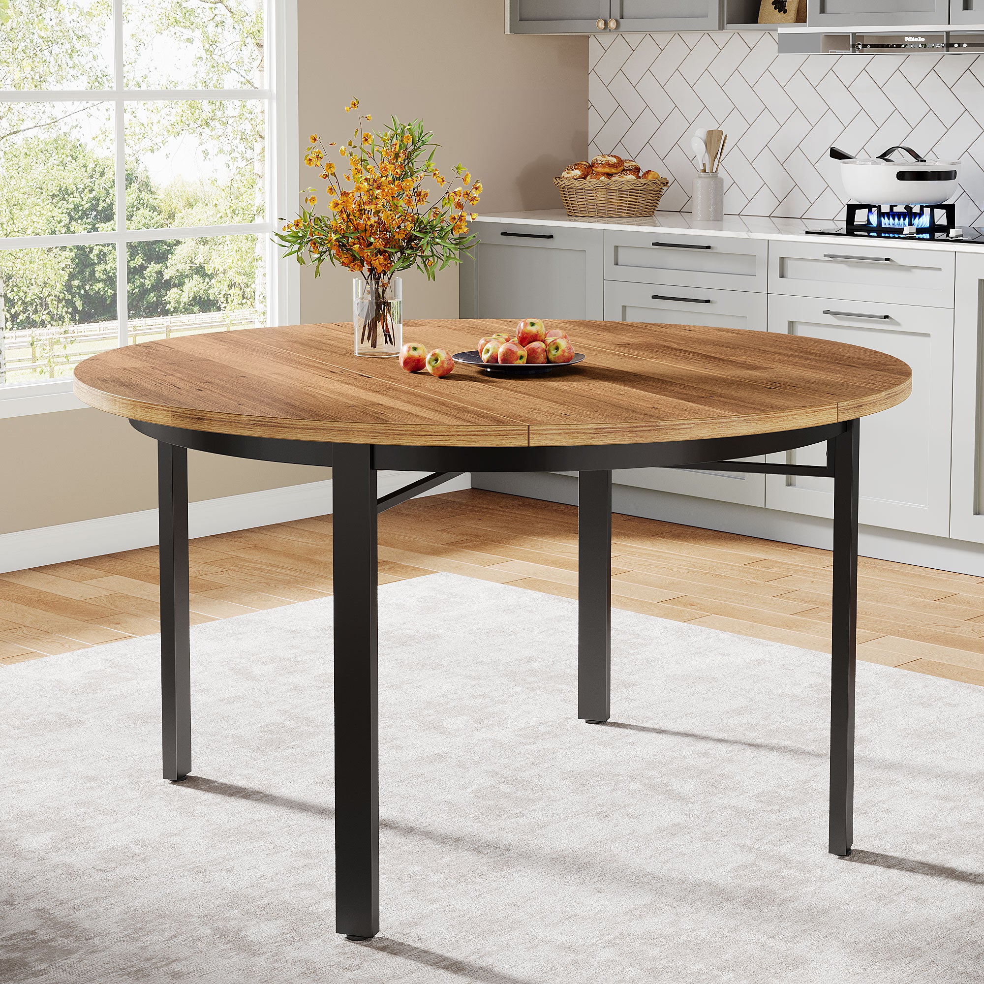 118,5 cm Ronde Eettafel Voor 4-6 Personen, Solide Metalen Poten Voor Keuken of Eetkamer