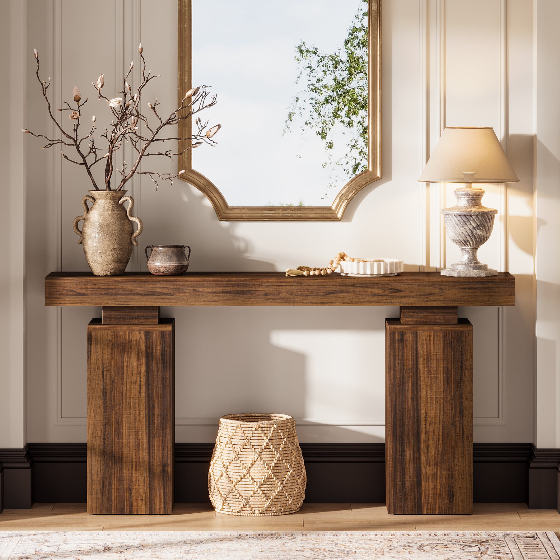 Consoletafel van 160 cm in landhuisstijl voor hal en achter de bank, moderne houten sidetable voor woonkamer en entree