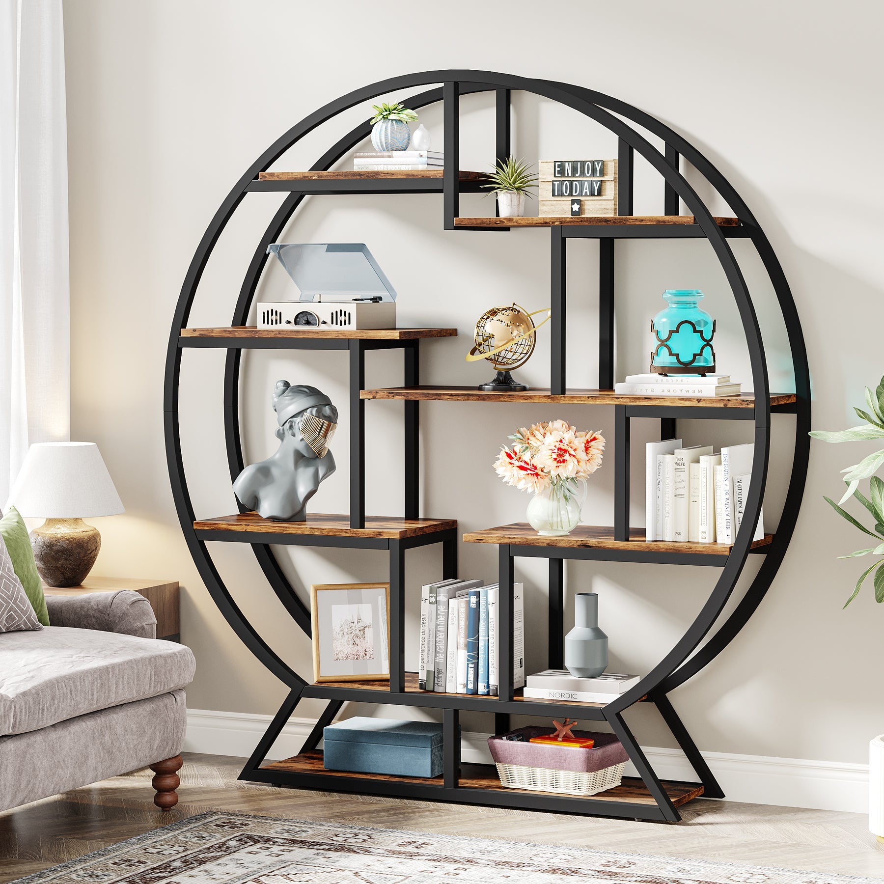 160 cm Ronde Boekenkast, Vijfplanken Opbergmeubel voor Kantoor en Woonkamer
