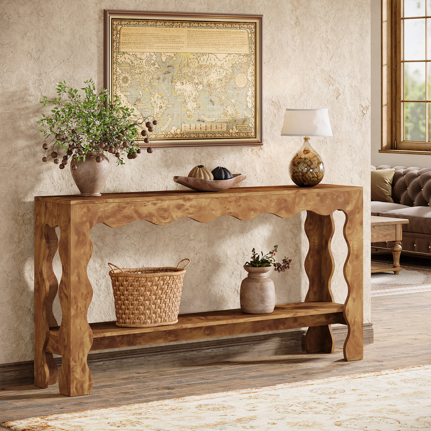160 cm Moderne Landelijke Consoletafel met Golfrand, Smalle Haltafel met Opberdschap voor Woonkamer en Entree