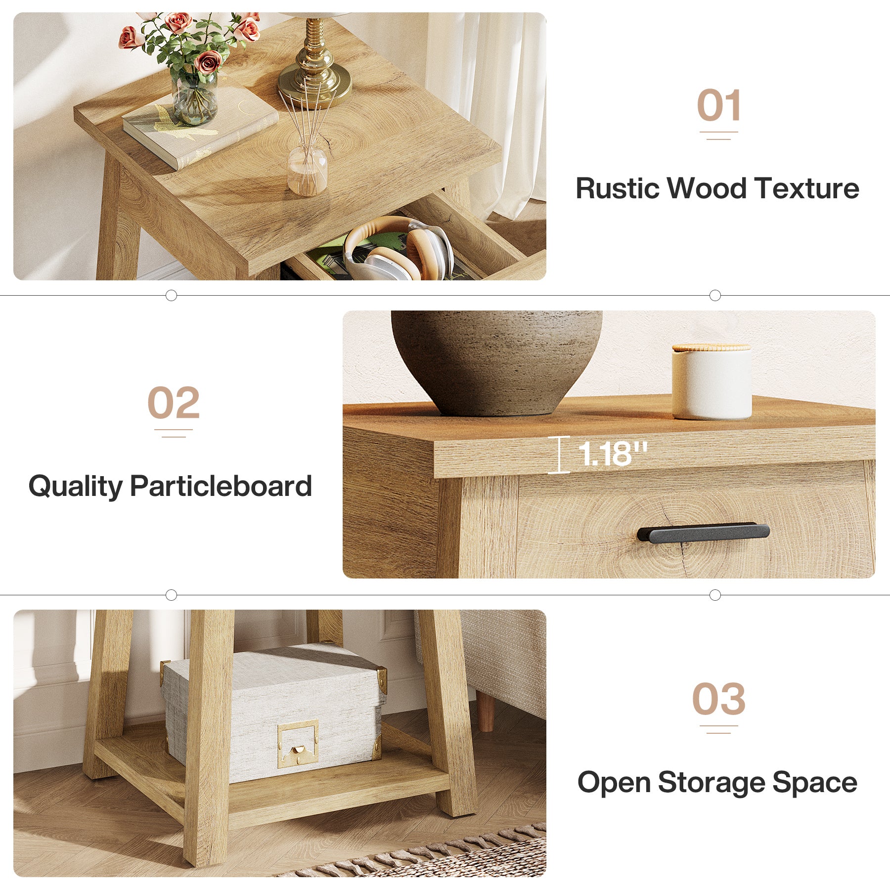 50 cm Tribesigns nachtkastje met lade, rustieke bedtafel met open plank voor slaapkamer