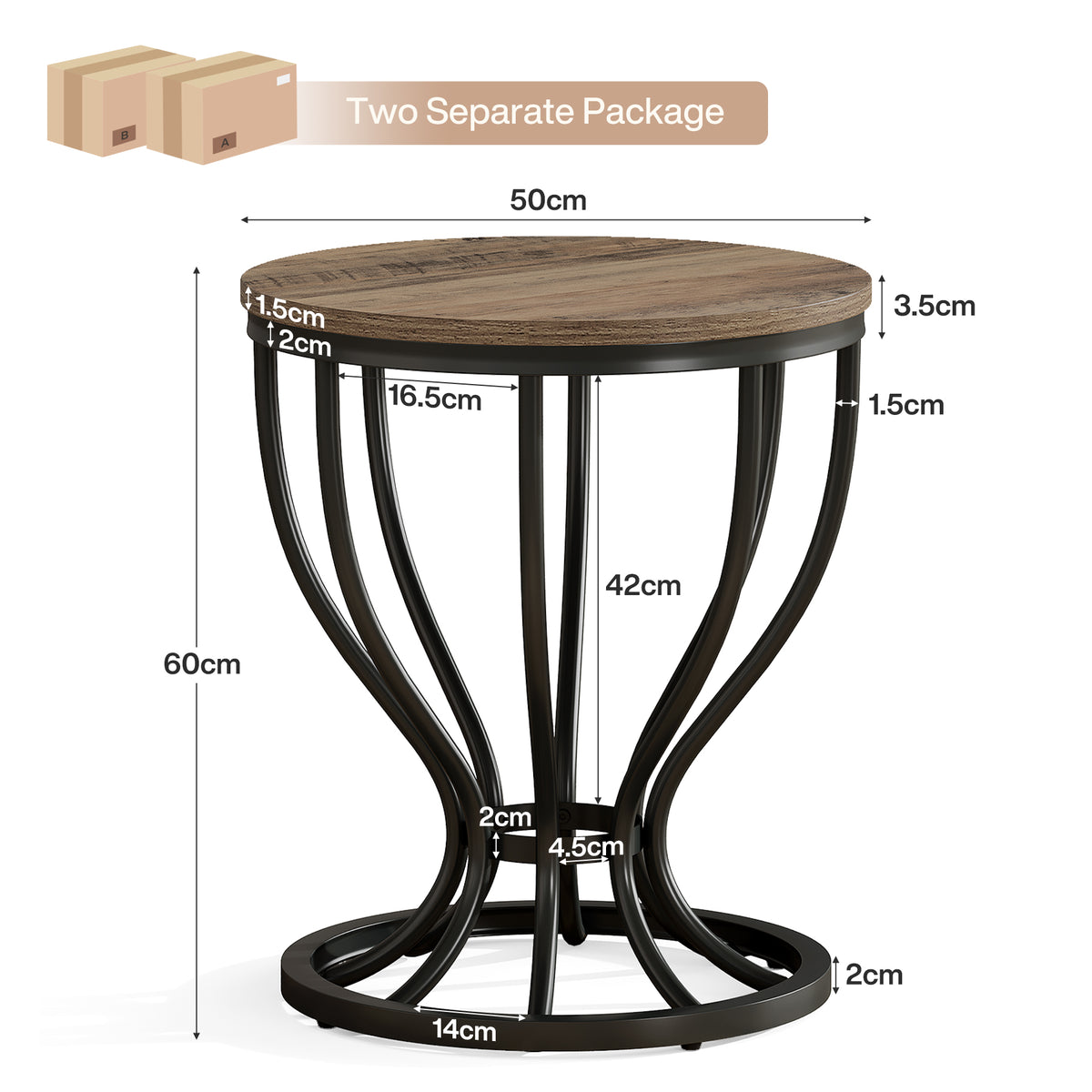 Tribesigns 50 cm ronde bijzettafel, industrieel ontwerp met houten blad en zwart frame voor woonkamer en slaapkamer