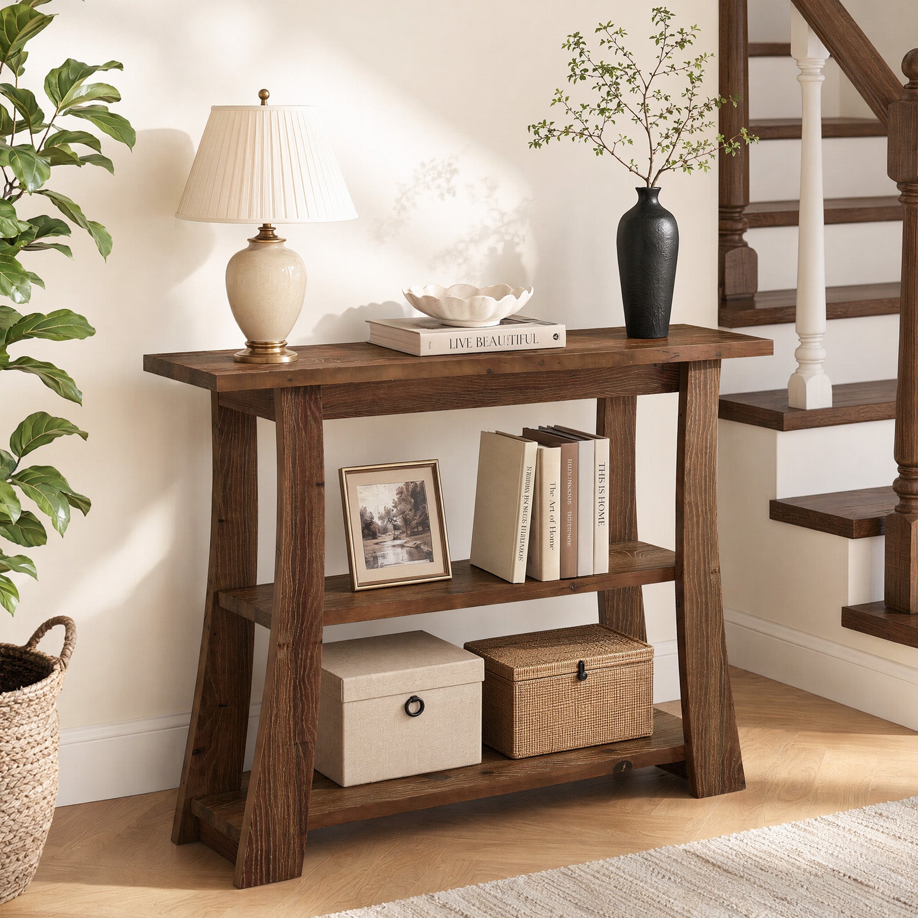 Tribesigns massief houten consoletafel met 3 legplanken, smalle haltafel van 105 cm